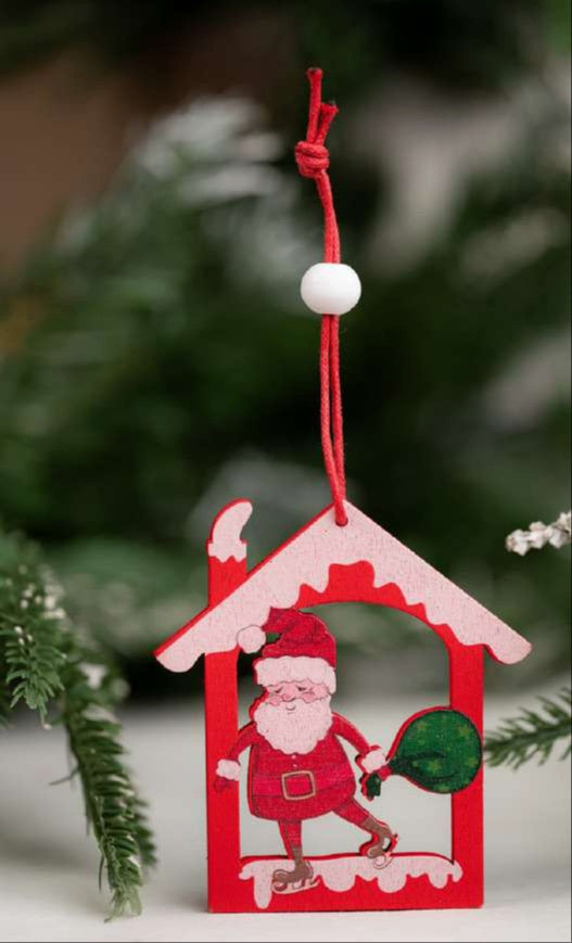 Red Santa Hanging Ornament with Green Sack in House Frame_CC60