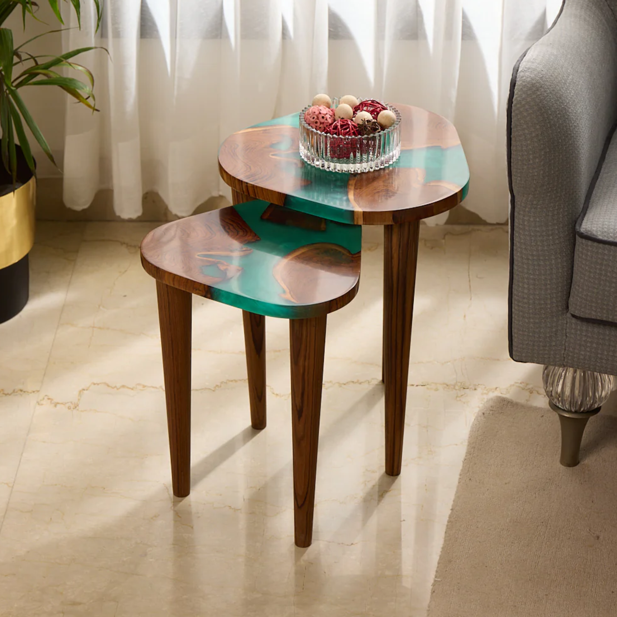 Nesting Table Set of 2 – Teak Wood with Pearl Green Resin Finish