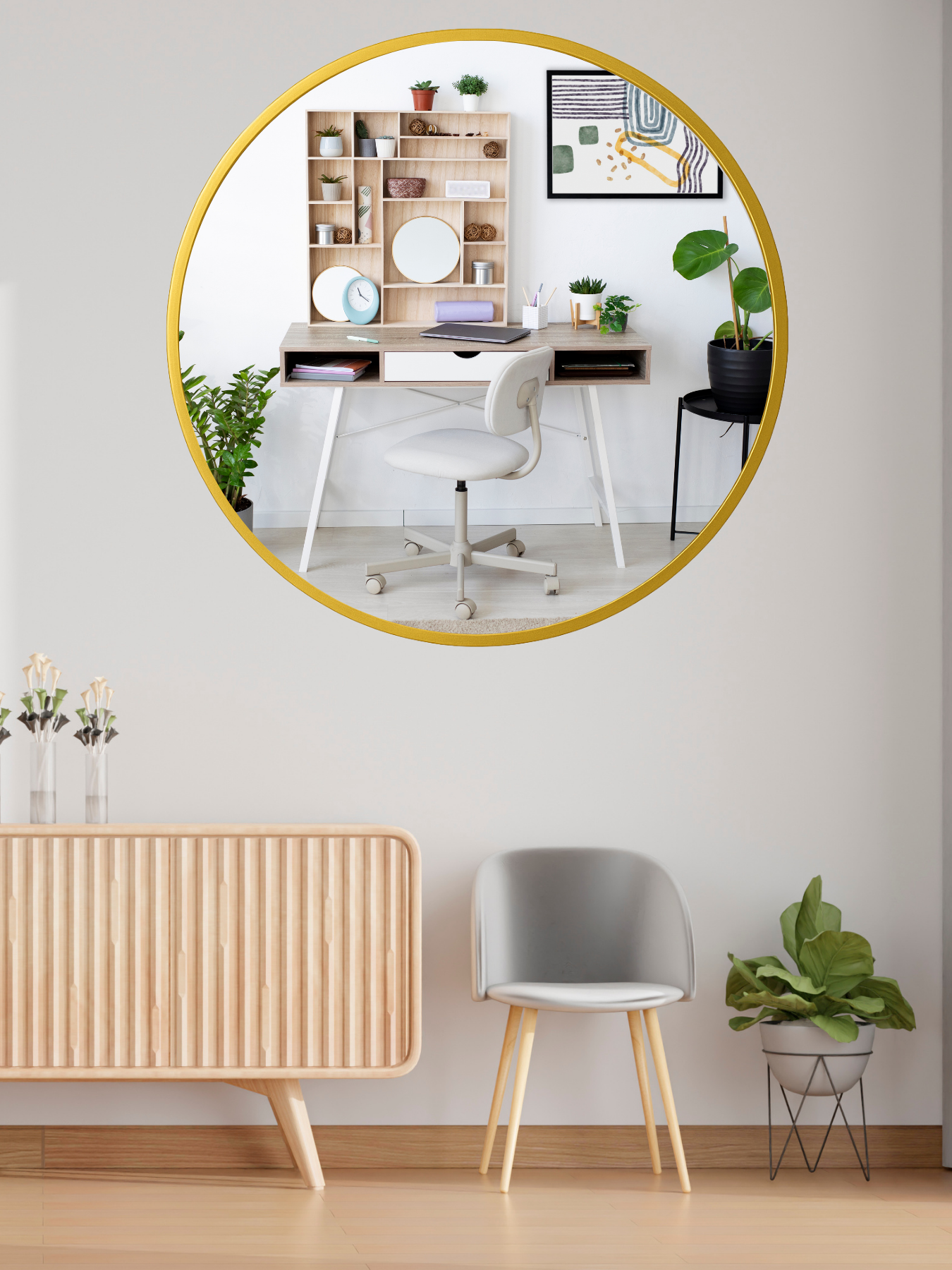 Gold Round Mirror in Steel Frame