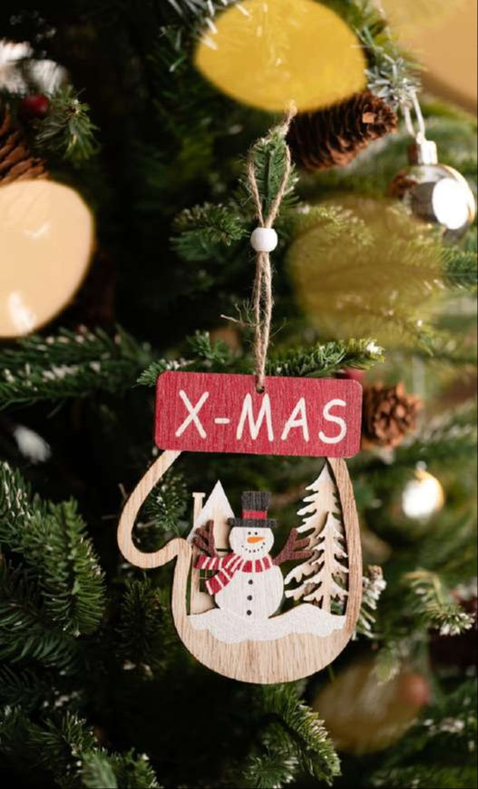 Wooden Mitten Hanging Ornament with Snowman and XMAS Sign_CC35