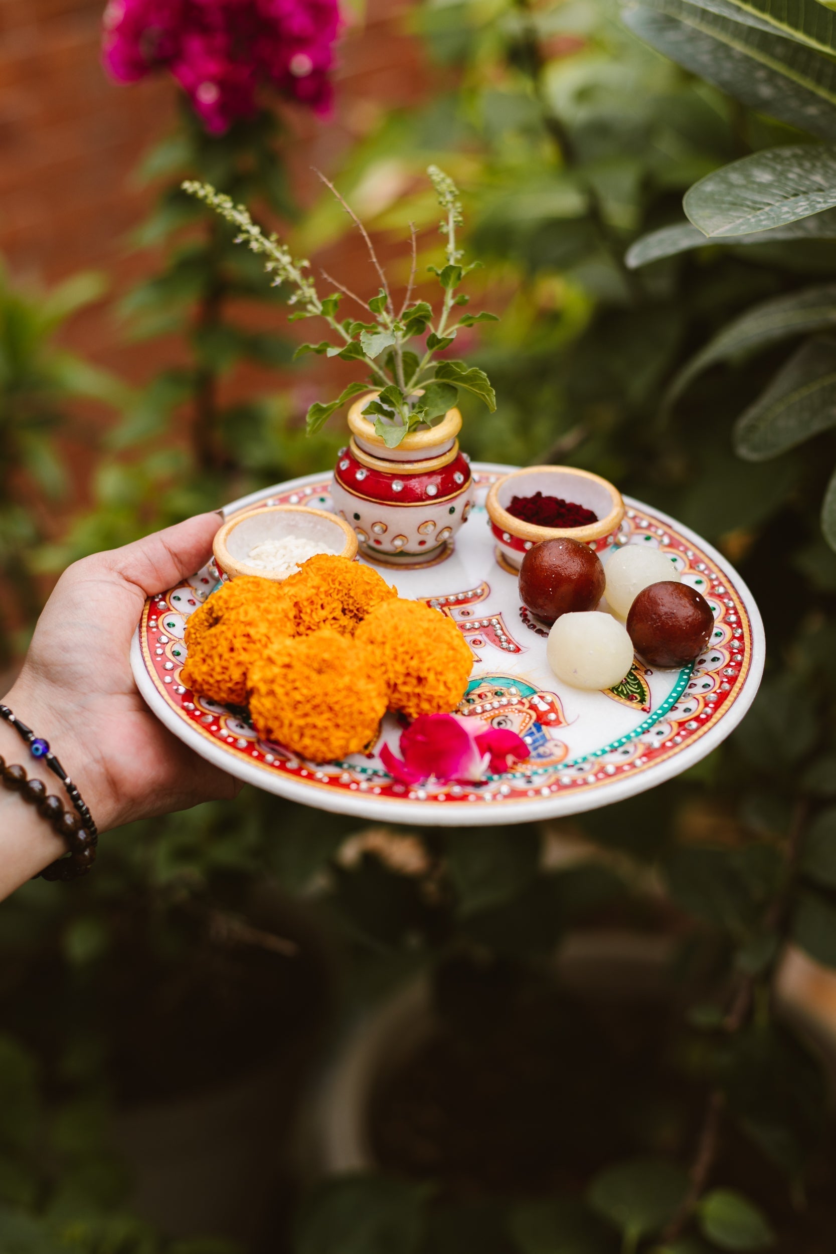 Marble Pooja Thali | Meenakari & Peacock Design