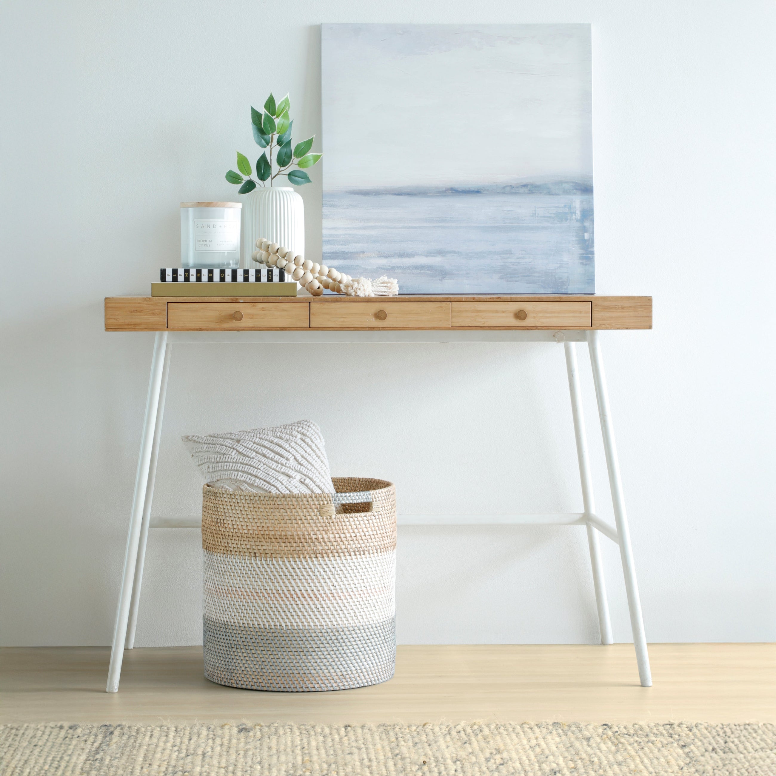 Rattan laundry basket grey white natural