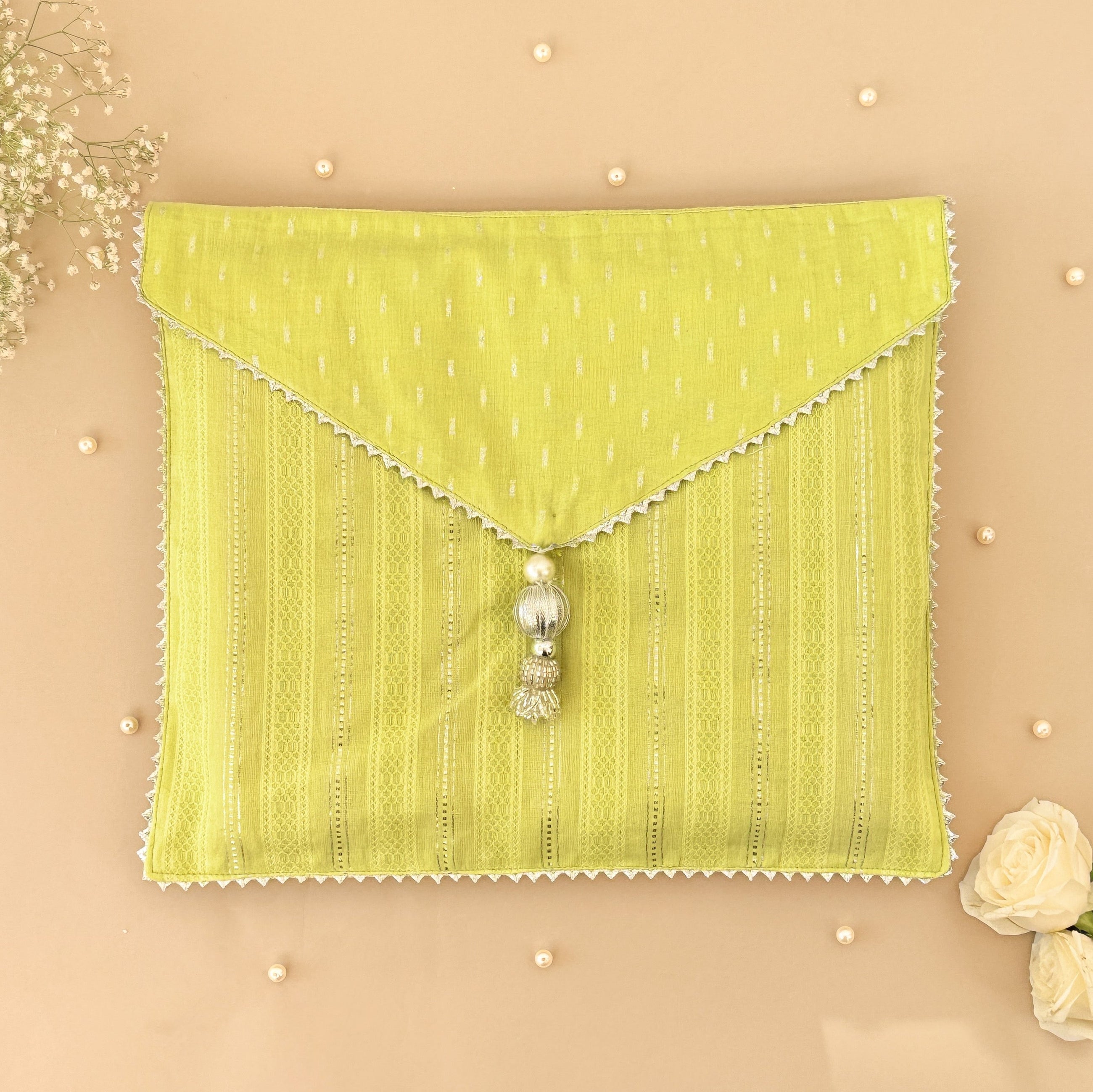 Green & Silver-Striped Saree/Stole Cases