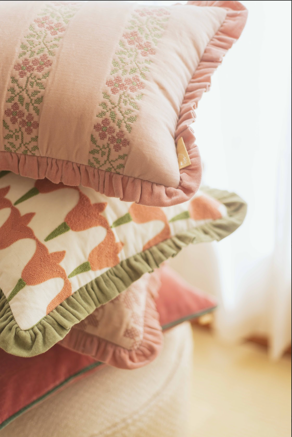 Heather Baby Pink Cross Stitch Oblong Cushion Cover