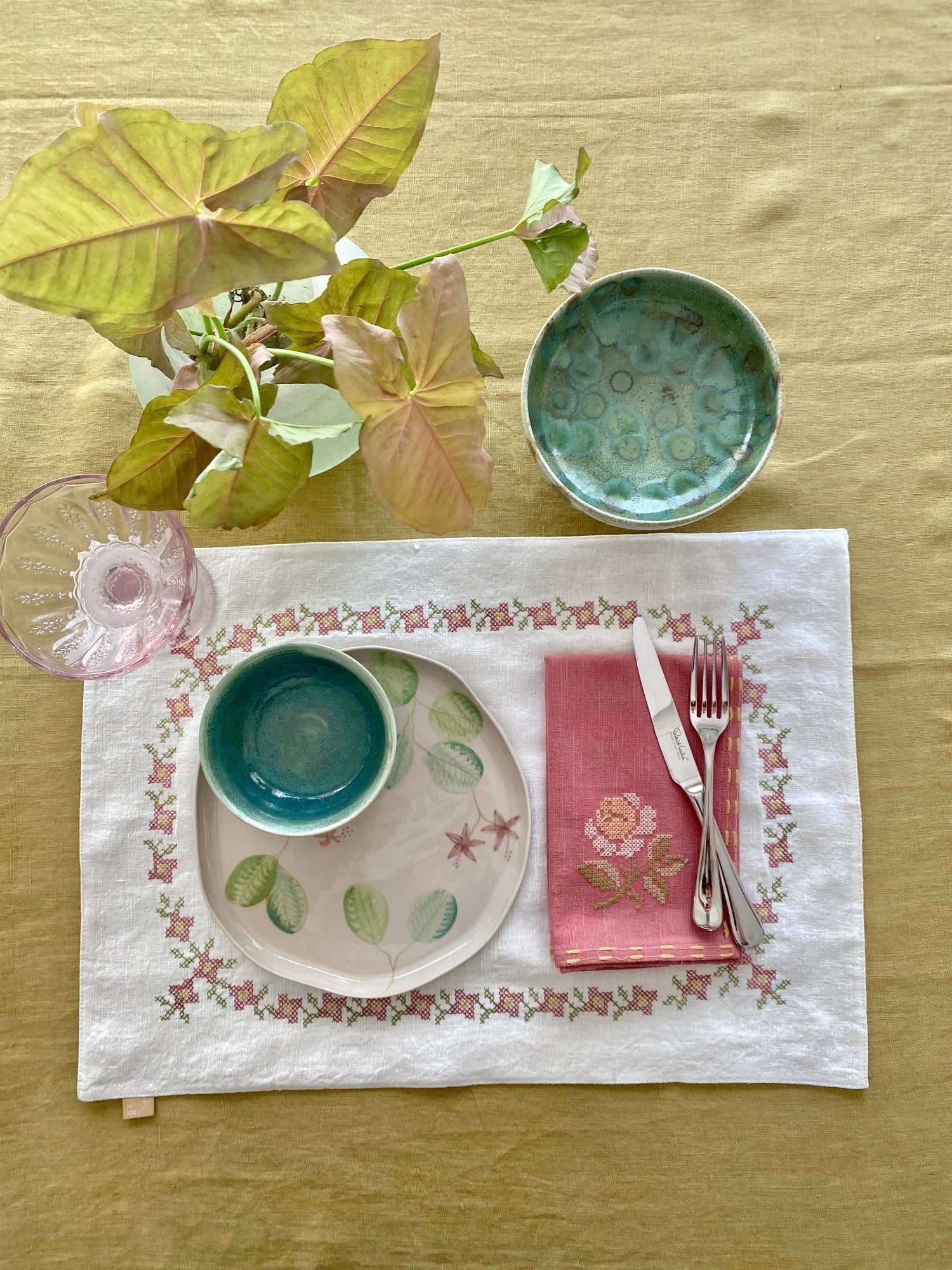 Trellis Raspberry Cross Stitch Table Mats-Set of 2