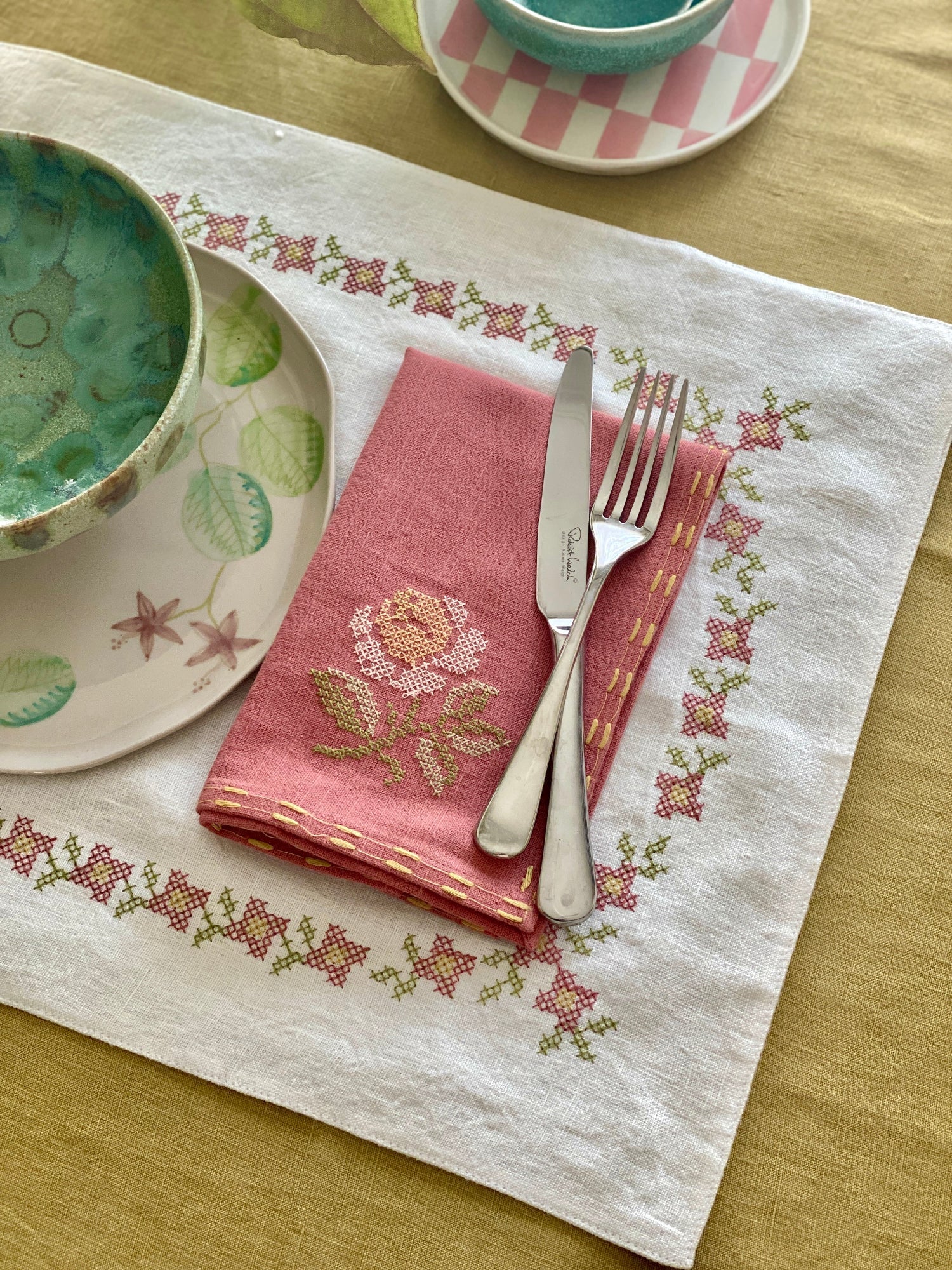 Trellis Raspberry Cross Stitch Table Mats-Set of 2