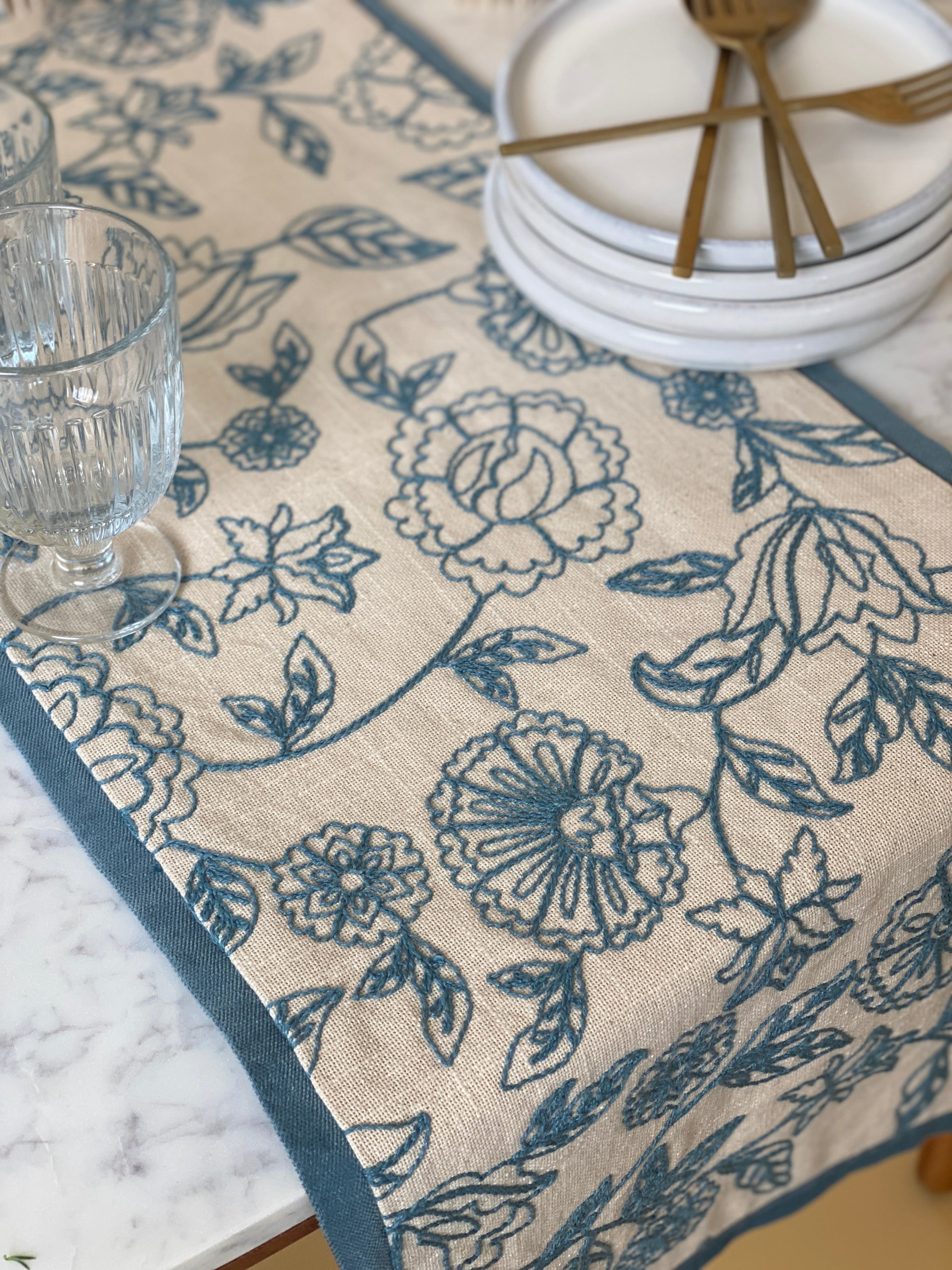 Rosabelle Chintz Teal Table Runner