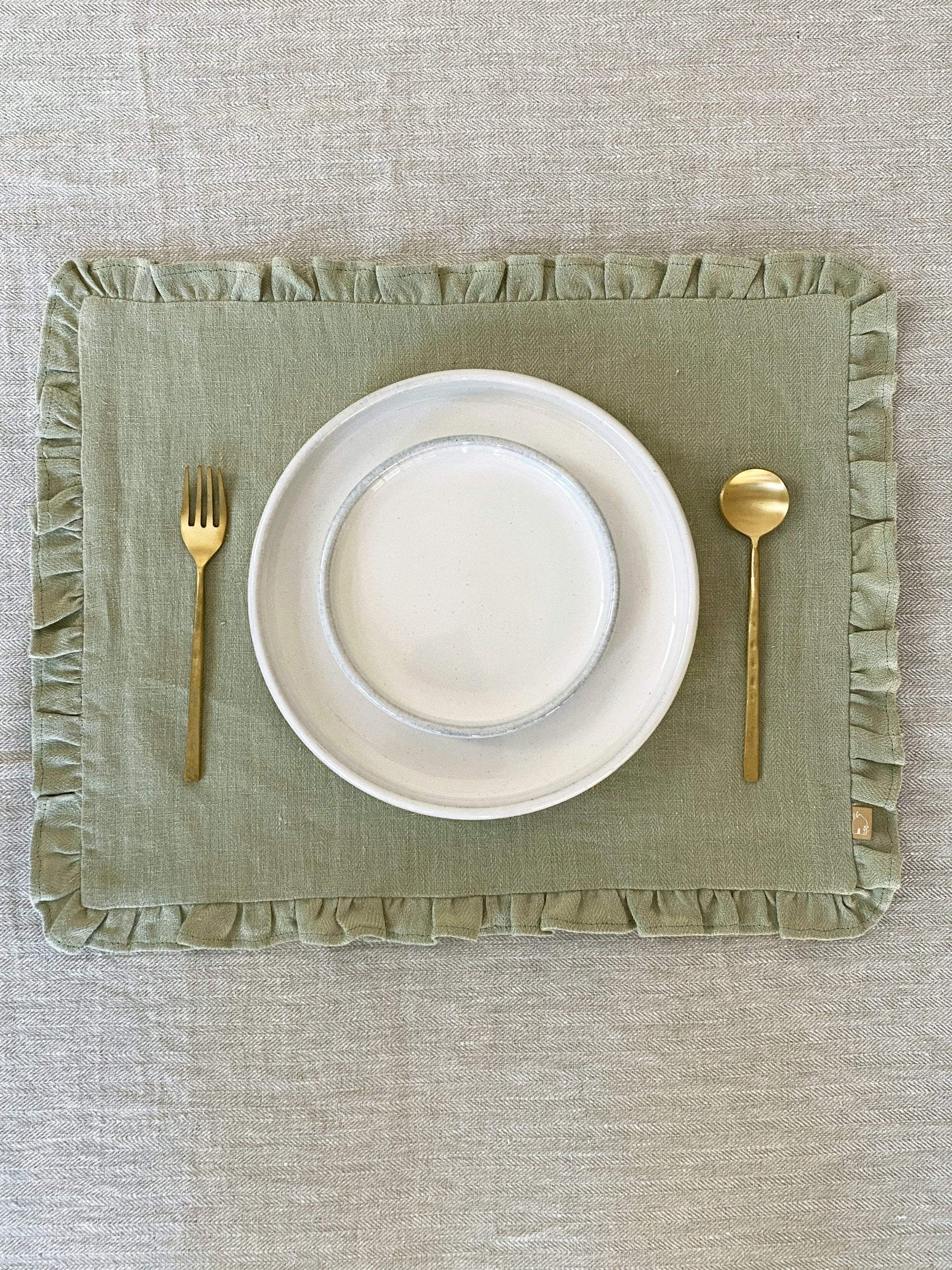 Sage Herringbone Ruffle Table Mat Set of 2
