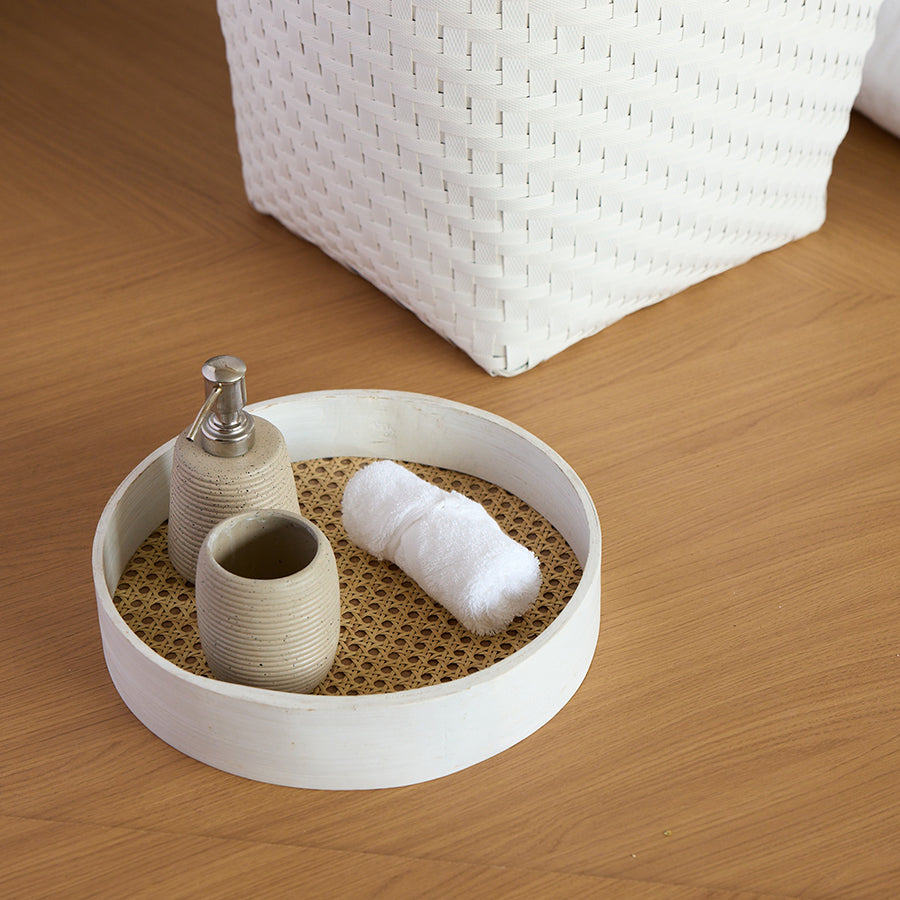 Rattan round white tray