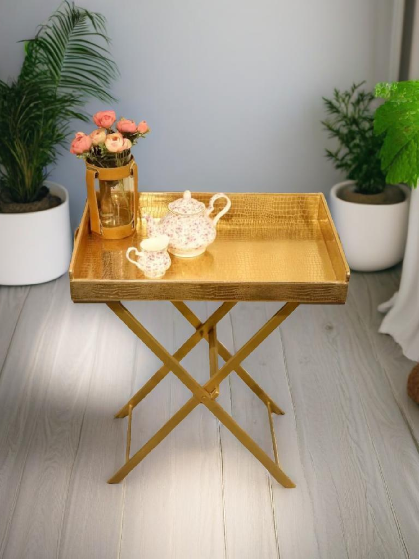 Pu Leather Foldable Tray with Metal Stand-Gold