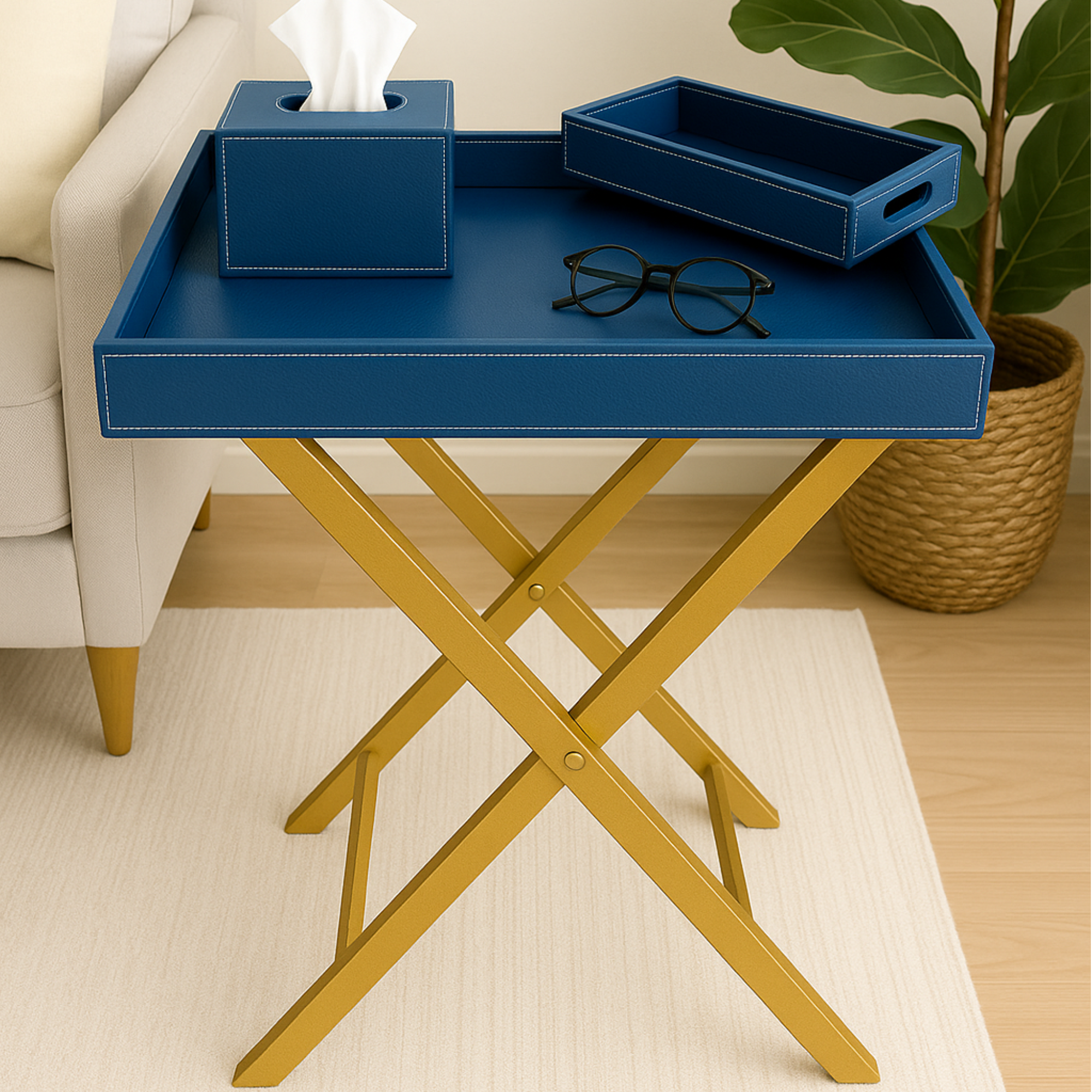 Pu Leather Foldable Tray with Metal Stand ( Ink Blue)