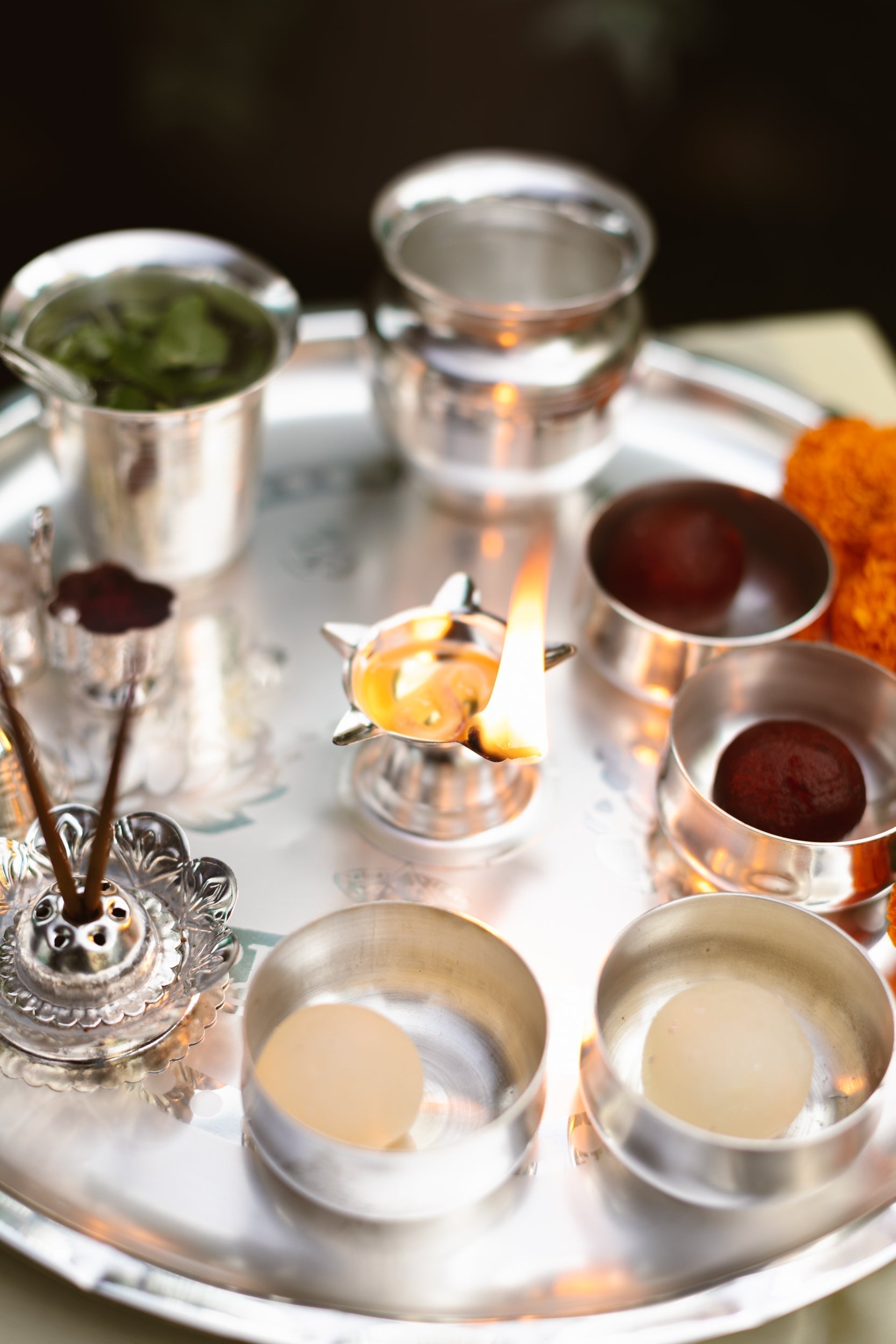Brass Pooja Thali | Silver Finish | Set of 12