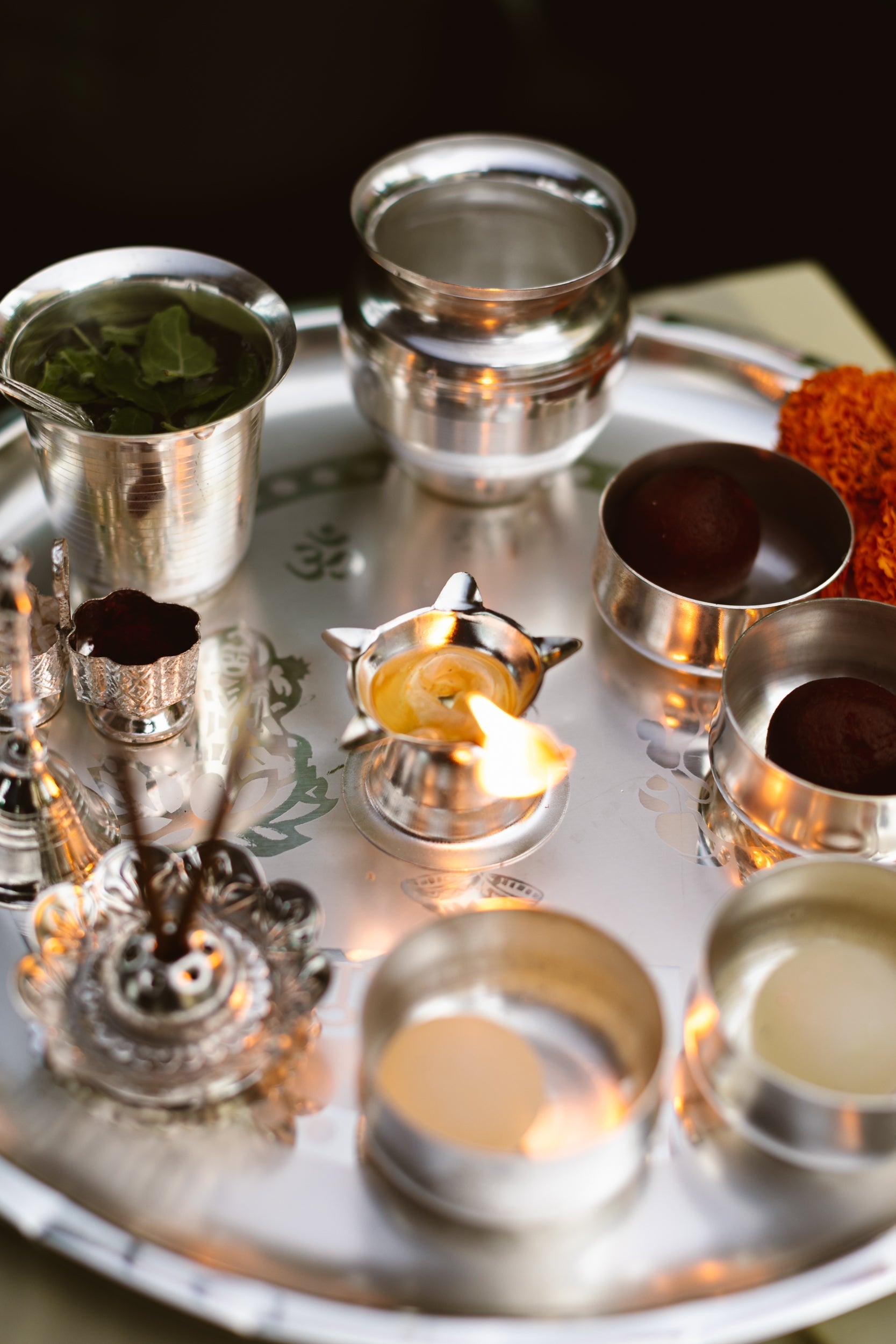 Brass Pooja Thali | Silver Finish | Set of 12