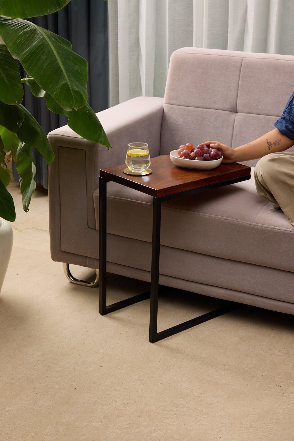 C-Shaped Table – Teak Stained Wood Finish (18" x 12", Height: 22", 20mm Thick)