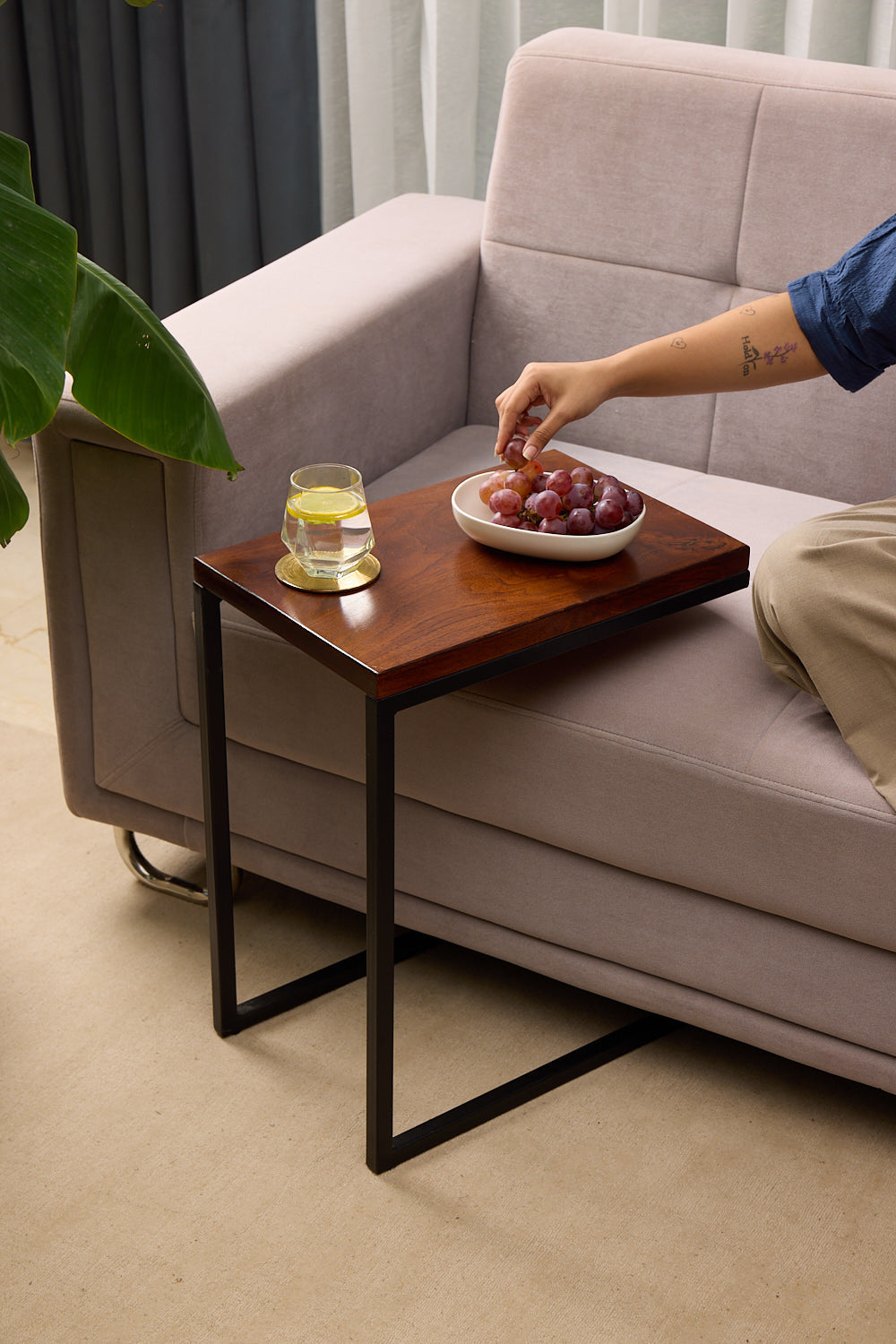 C-Shaped Table – Teak Stained Wood Finish (18" x 12", Height: 22", 20mm Thick)