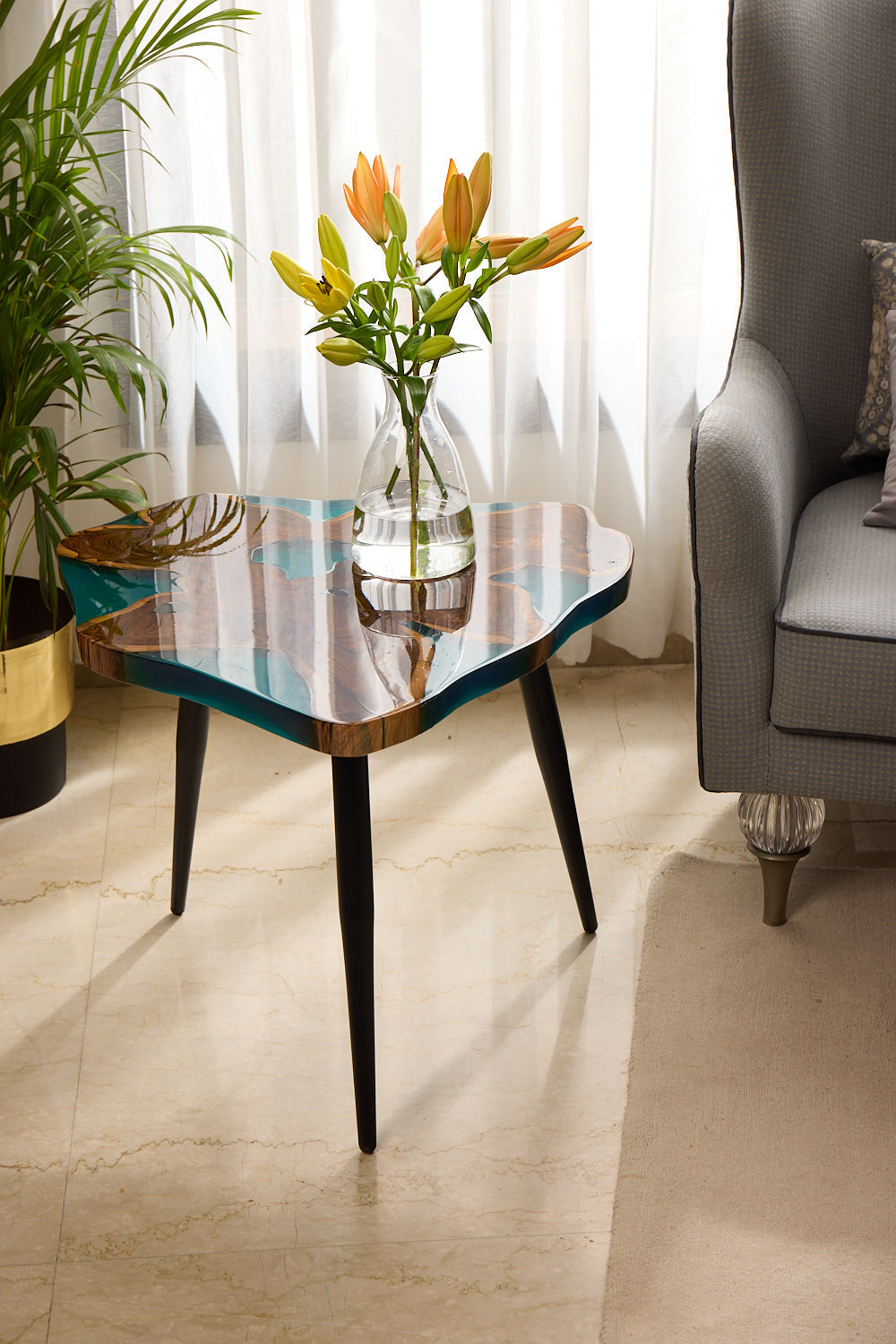 Coffee Table – Teak Wood with Aqua Blue Resin Finish