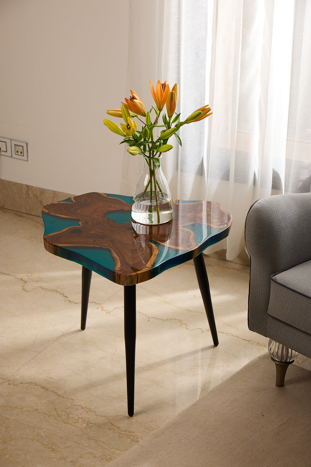 Coffee Table – Teak Wood with Aqua Blue Resin Finish