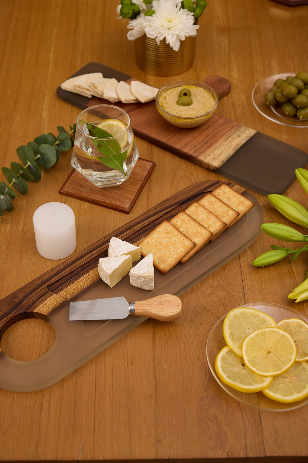 Cheese Board Cum Platter with Handle – Acacia Wood with Translucent Grey Resin Finish