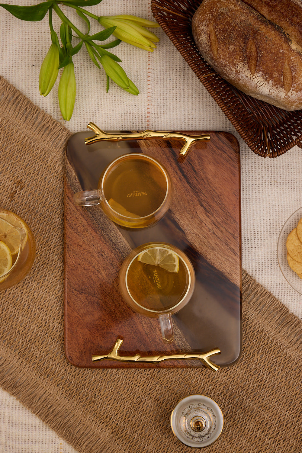 Wooden Tray with Handles – Acacia Wood, Translucent Black Resin Finish