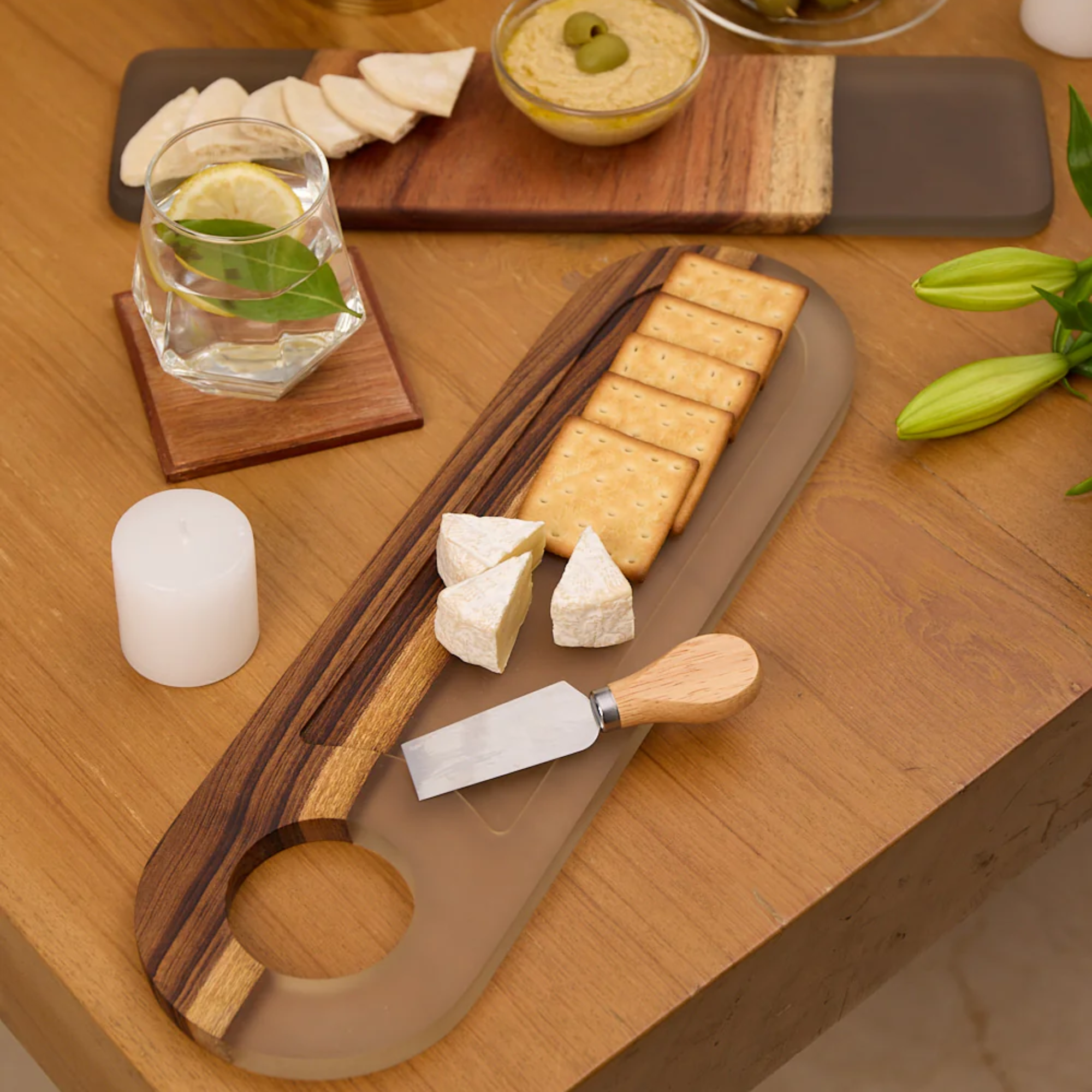 Cheese Board Cum Platter with Handle – Acacia Wood with Translucent Grey Resin Finish