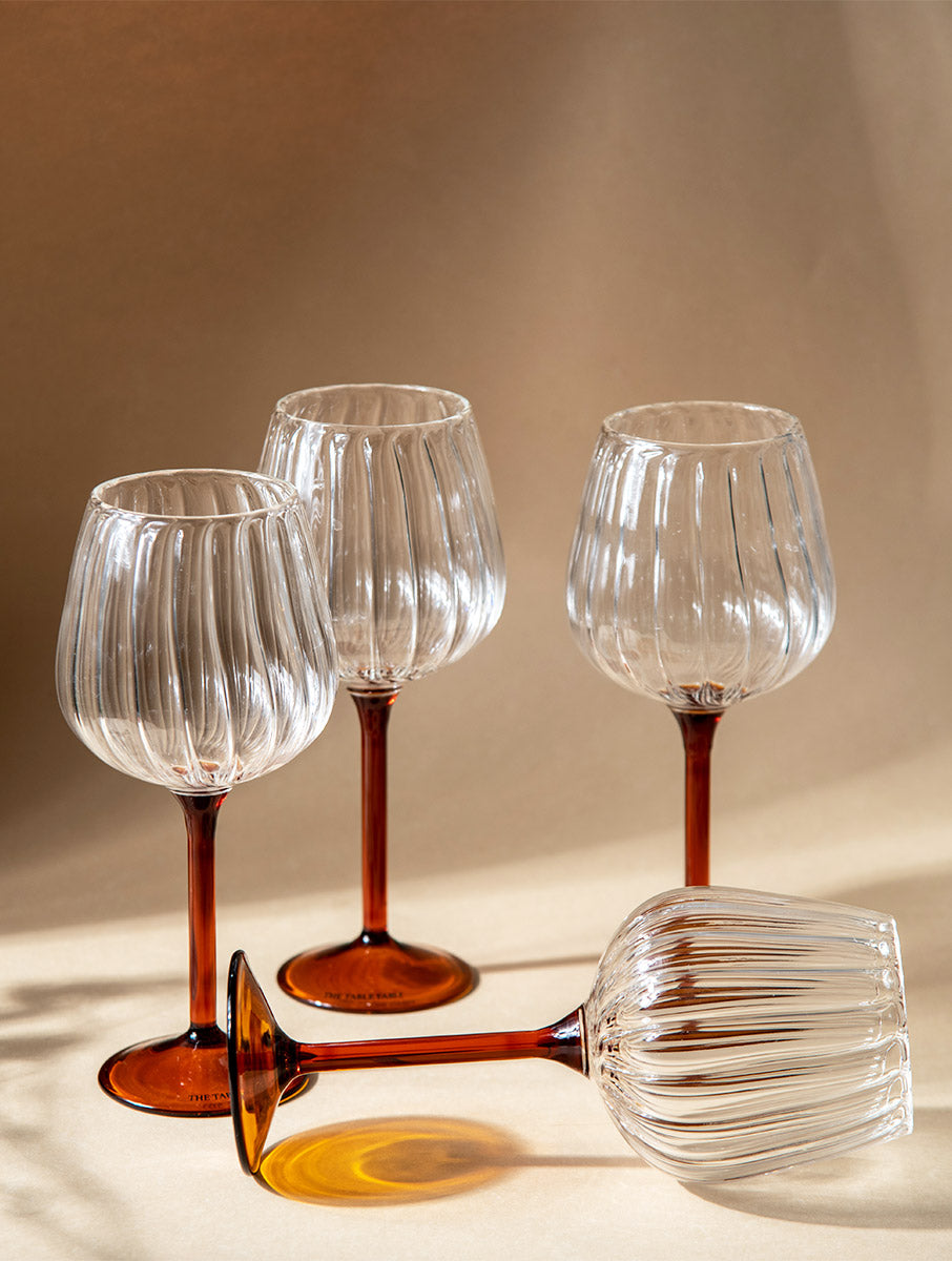 Ribbed Goblet Wine Glass Gift Box - Amber Stem