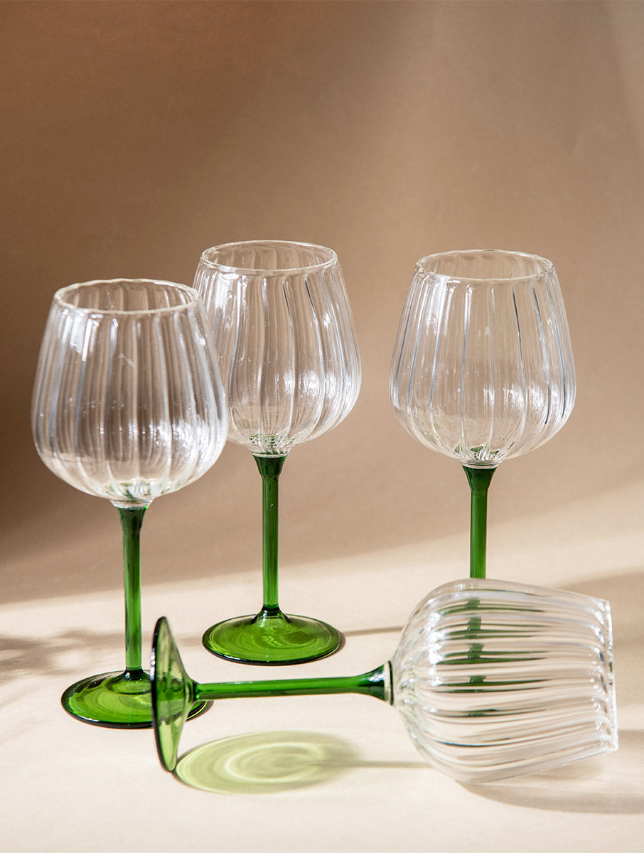 Ribbed Goblet Wine Glass Gift Box - Green Stem
