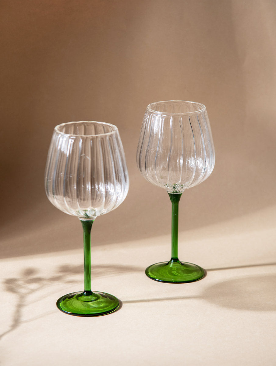 Ribbed Goblet Wine Glass Gift Box - Green Stem