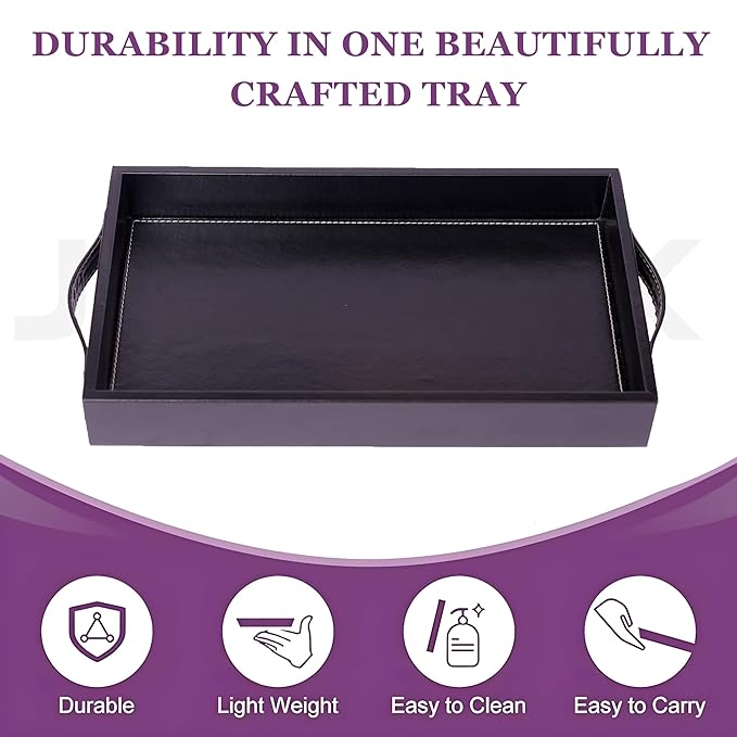 Vegan Leather Rectangular Serving Tray with Handles-Black