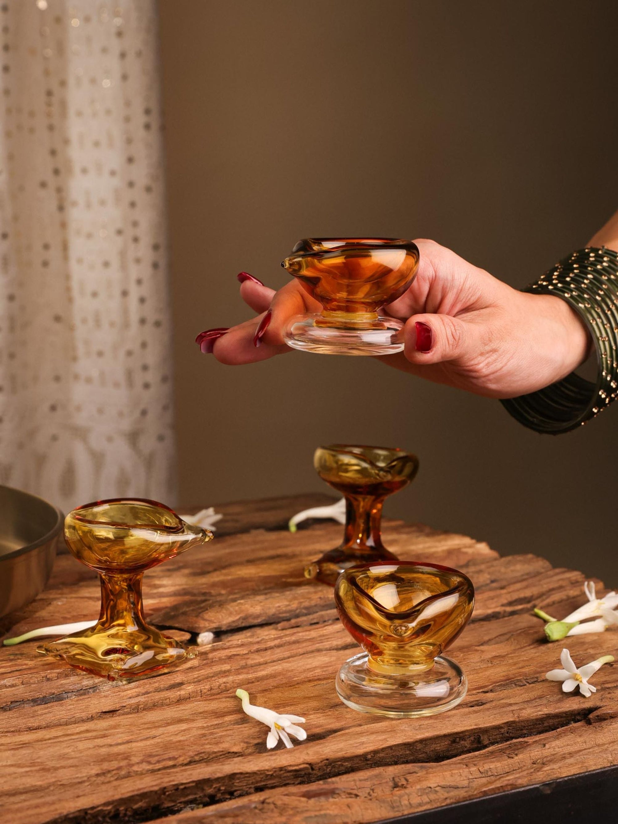 Art Glass Puja Diya - Amber Jyot