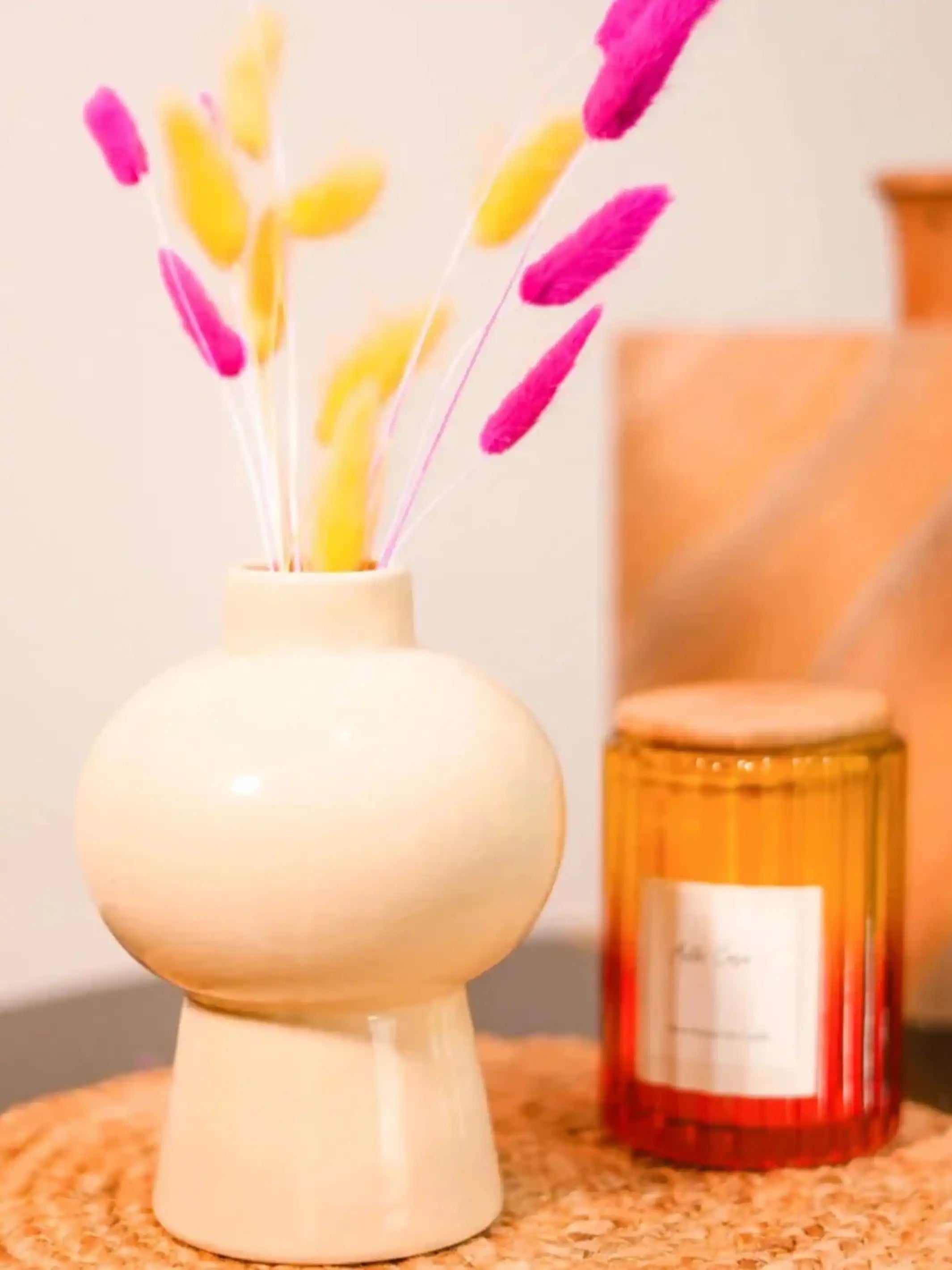 Mushroom vase with coloured bunny tails