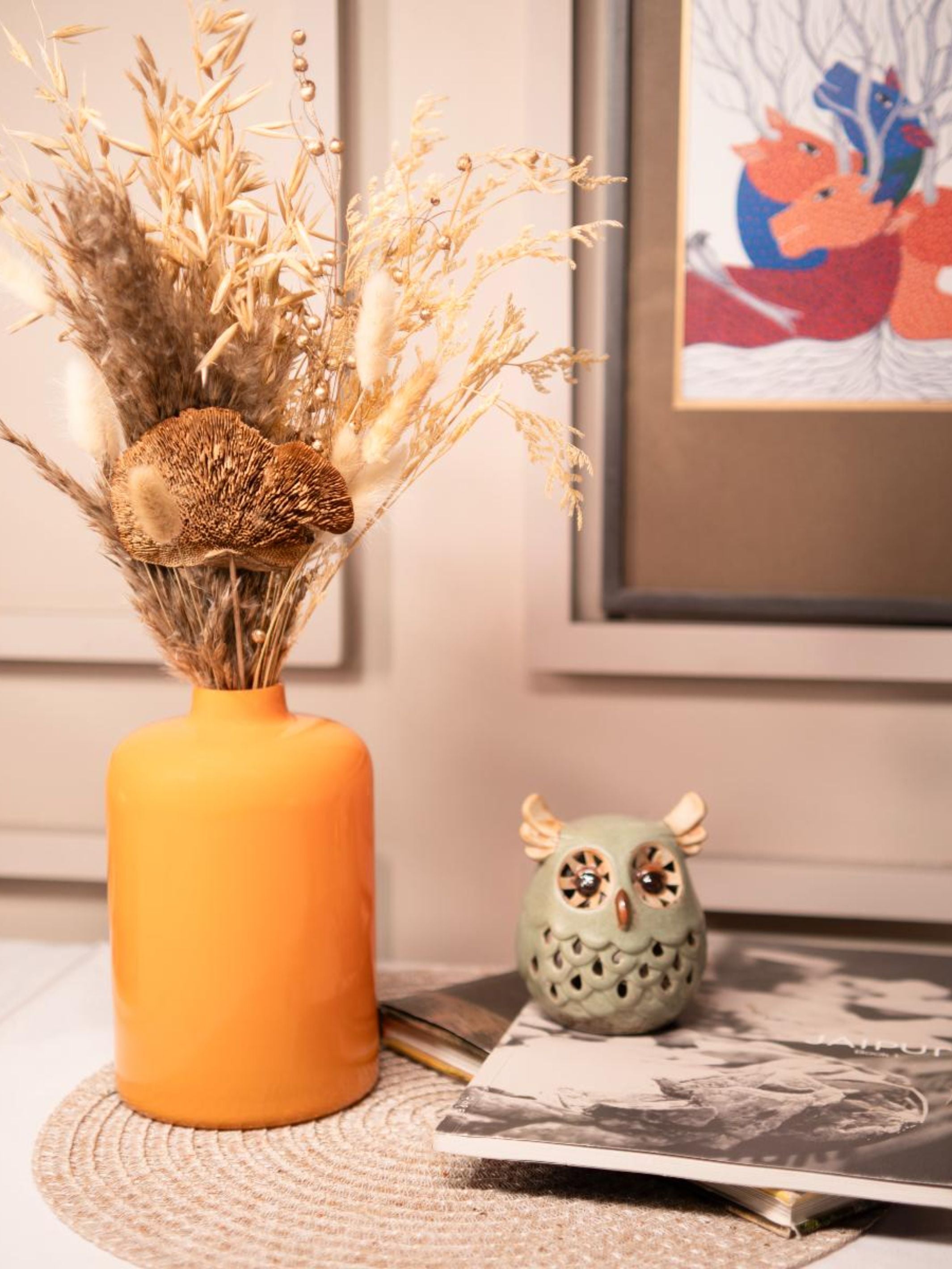 Tangerine Elegance vase with dried flower bunch