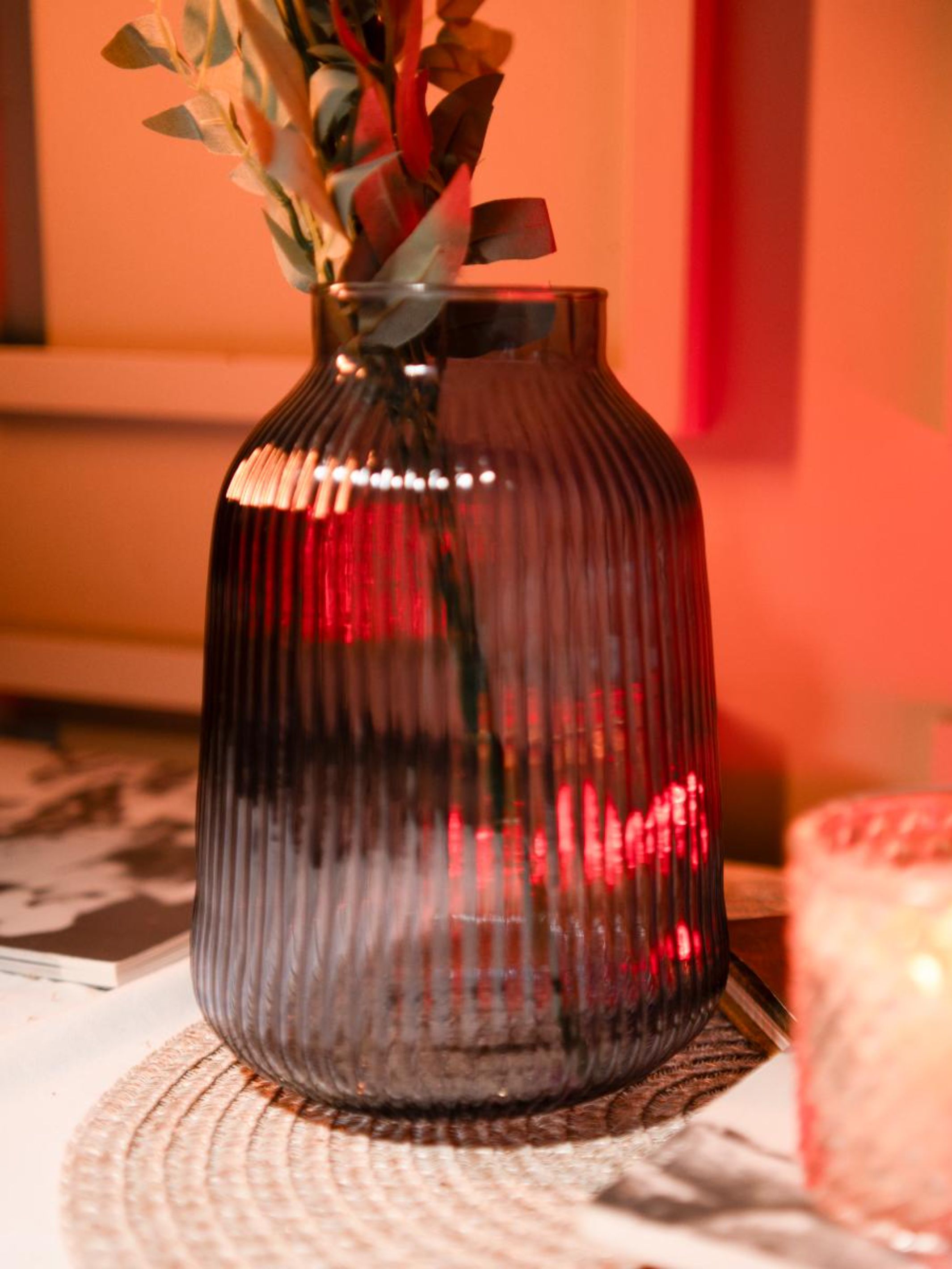 charcoal ribbed glass vase