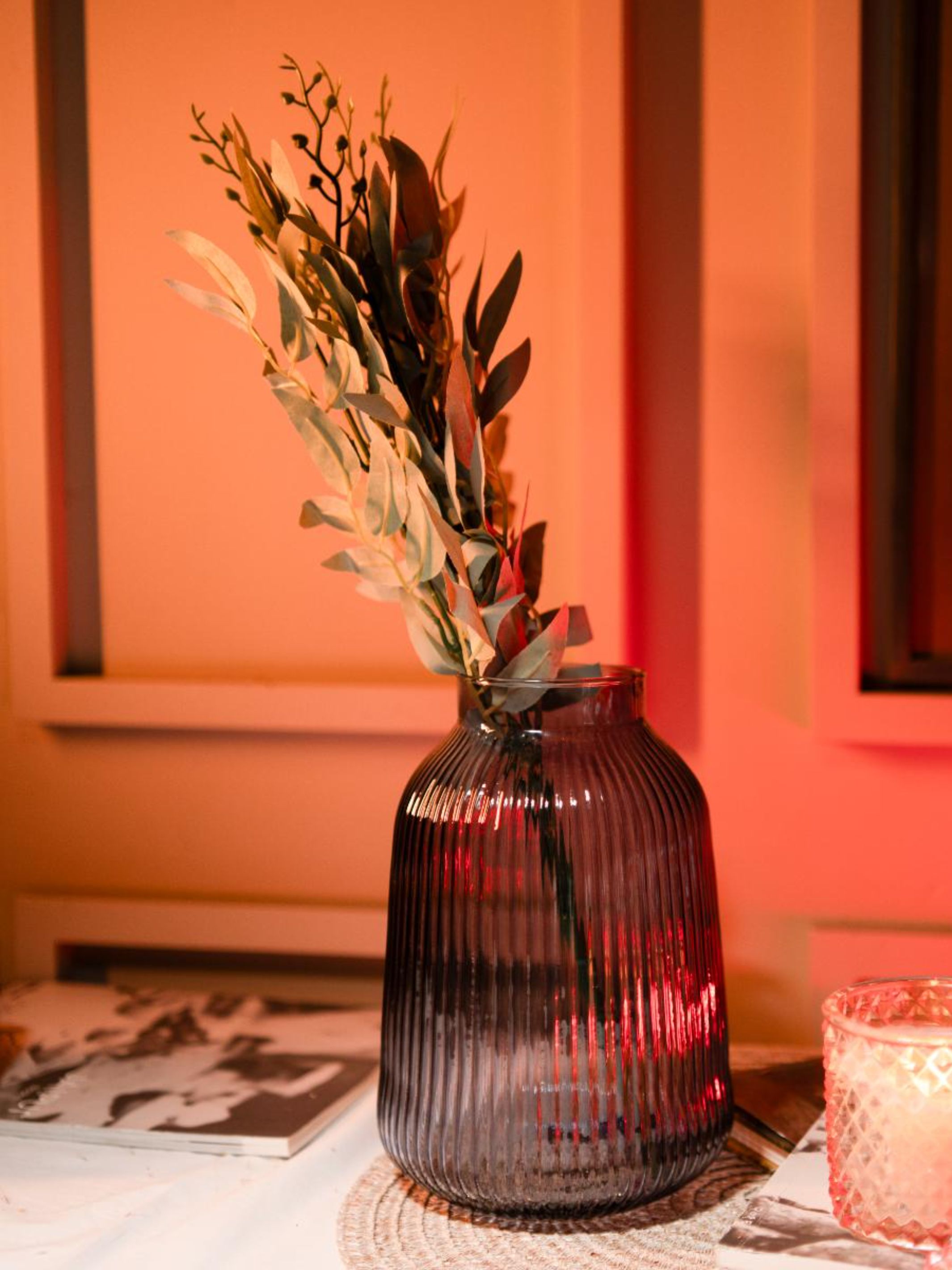 charcoal ribbed glass vase
