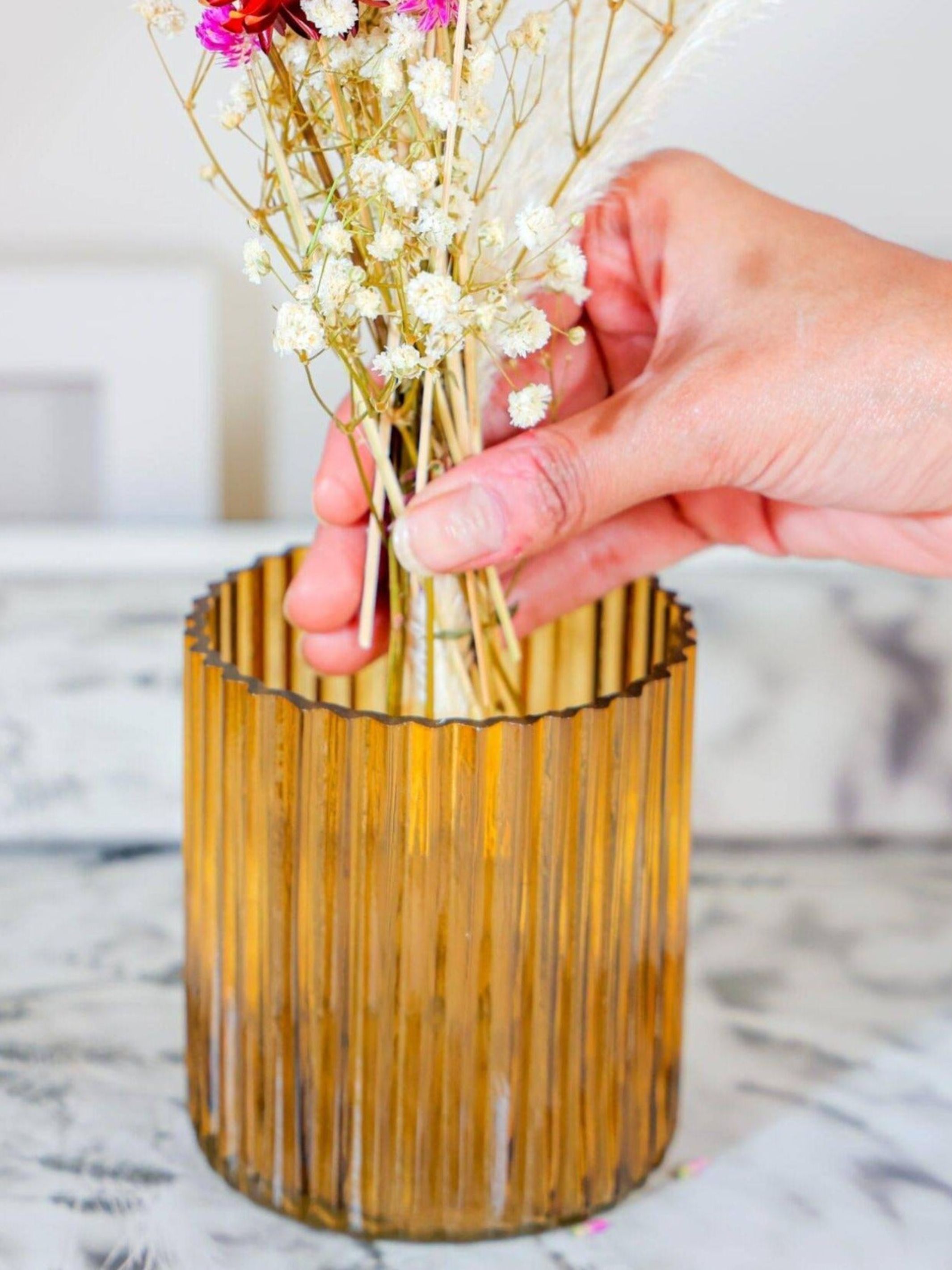 Yellow horizontal vase with Garden bunch