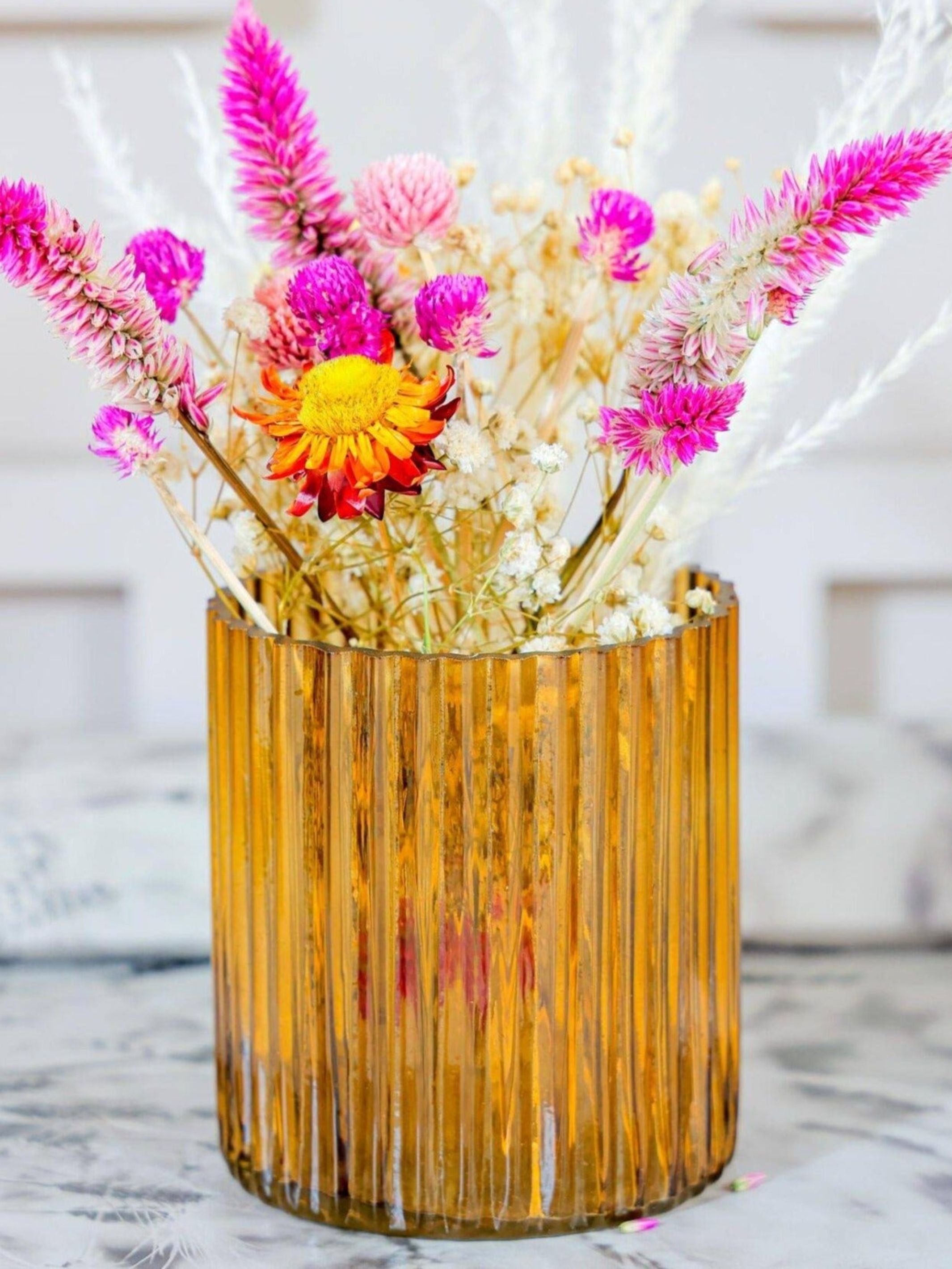 Yellow horizontal vase with Garden bunch