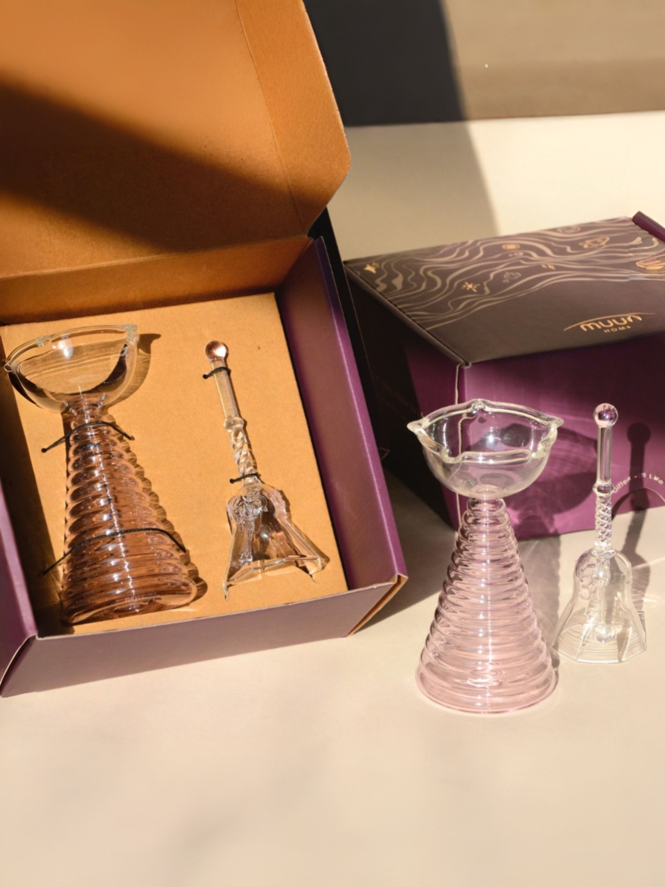 Tall Diya Gift Set - Tall Diya and Ringing bell - Pink