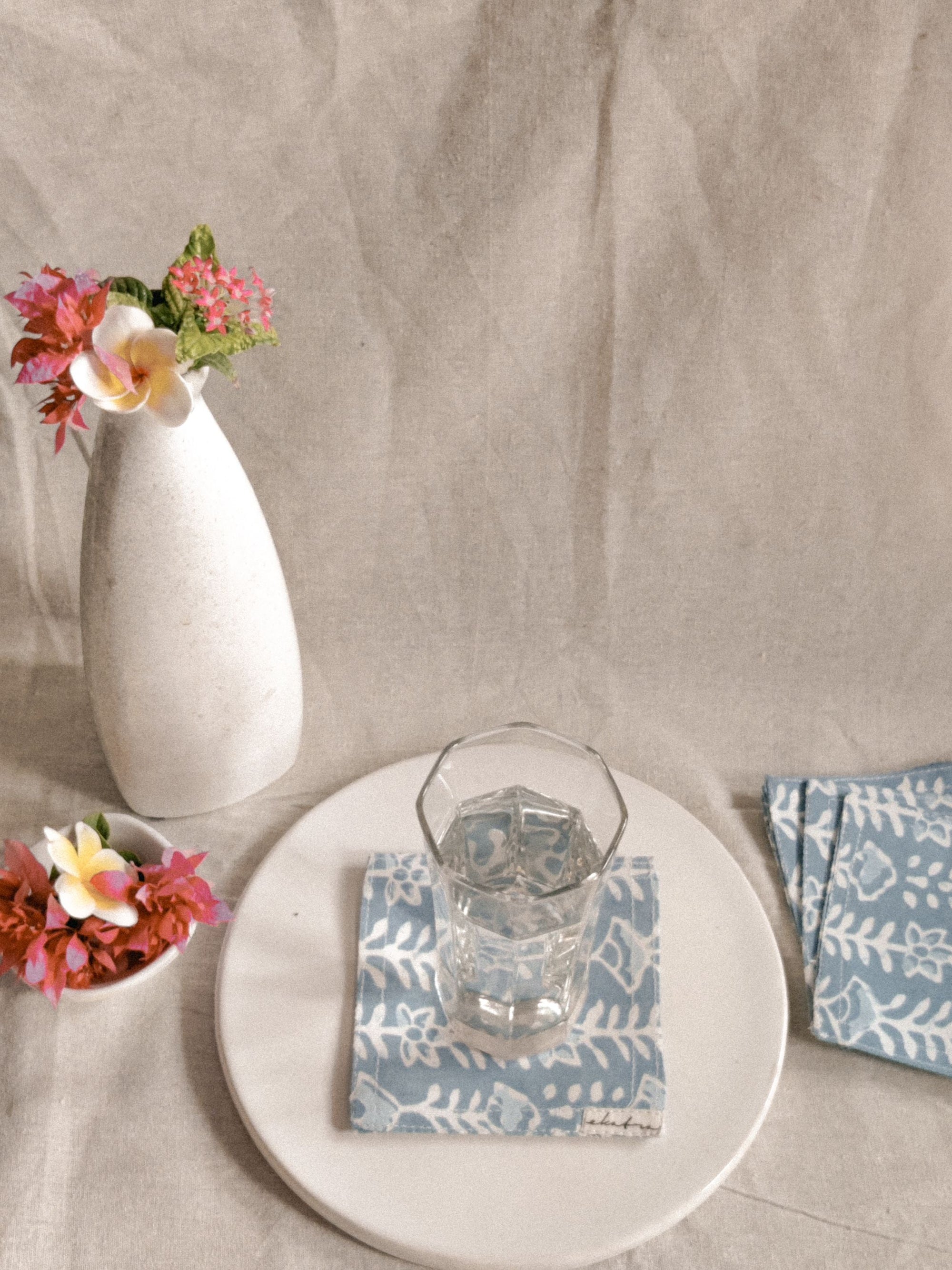 Cotton Coasters Set of 6 - Blue Leaf
