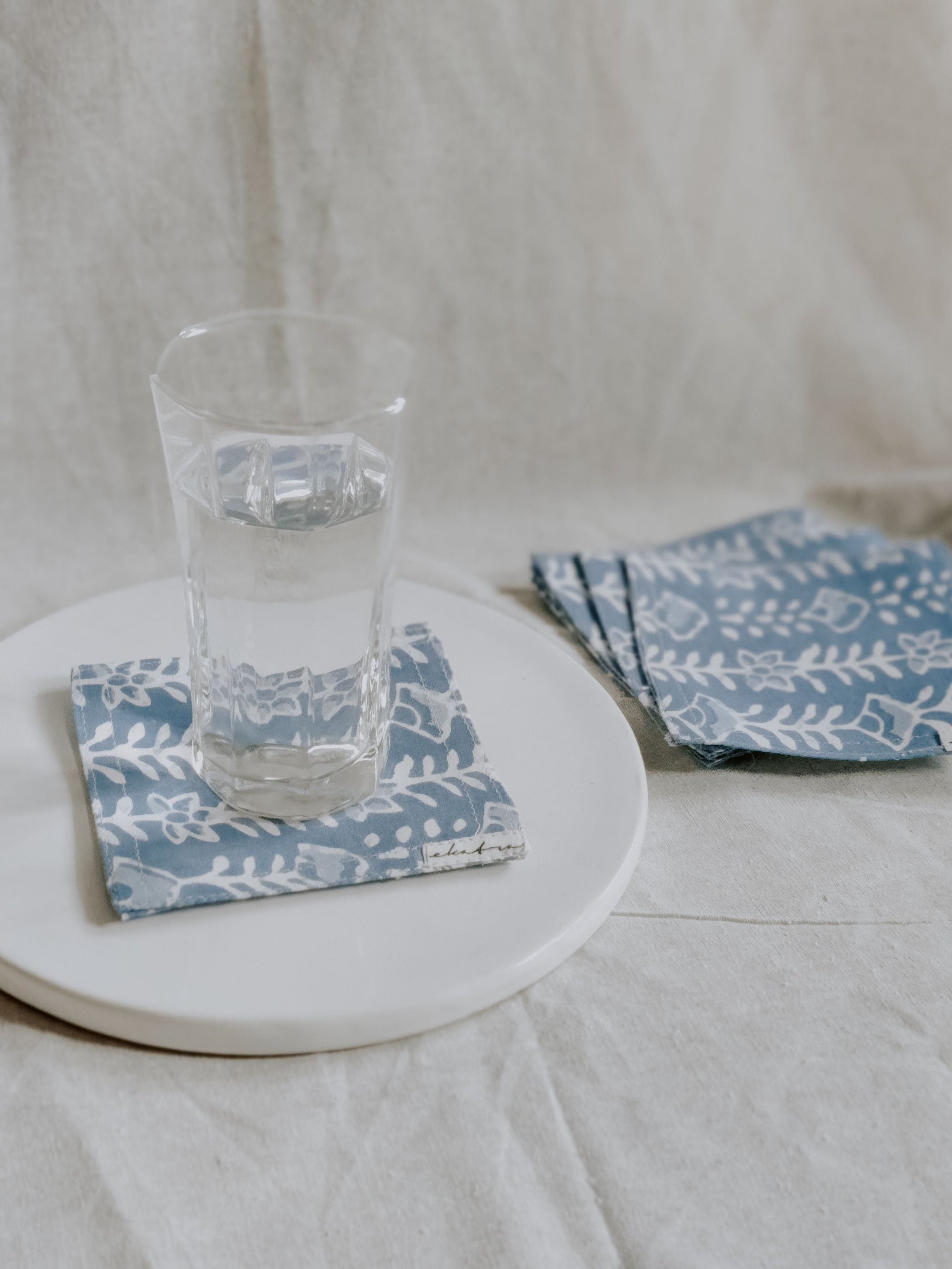 Cotton Coasters Set of 6 - Blue Leaf