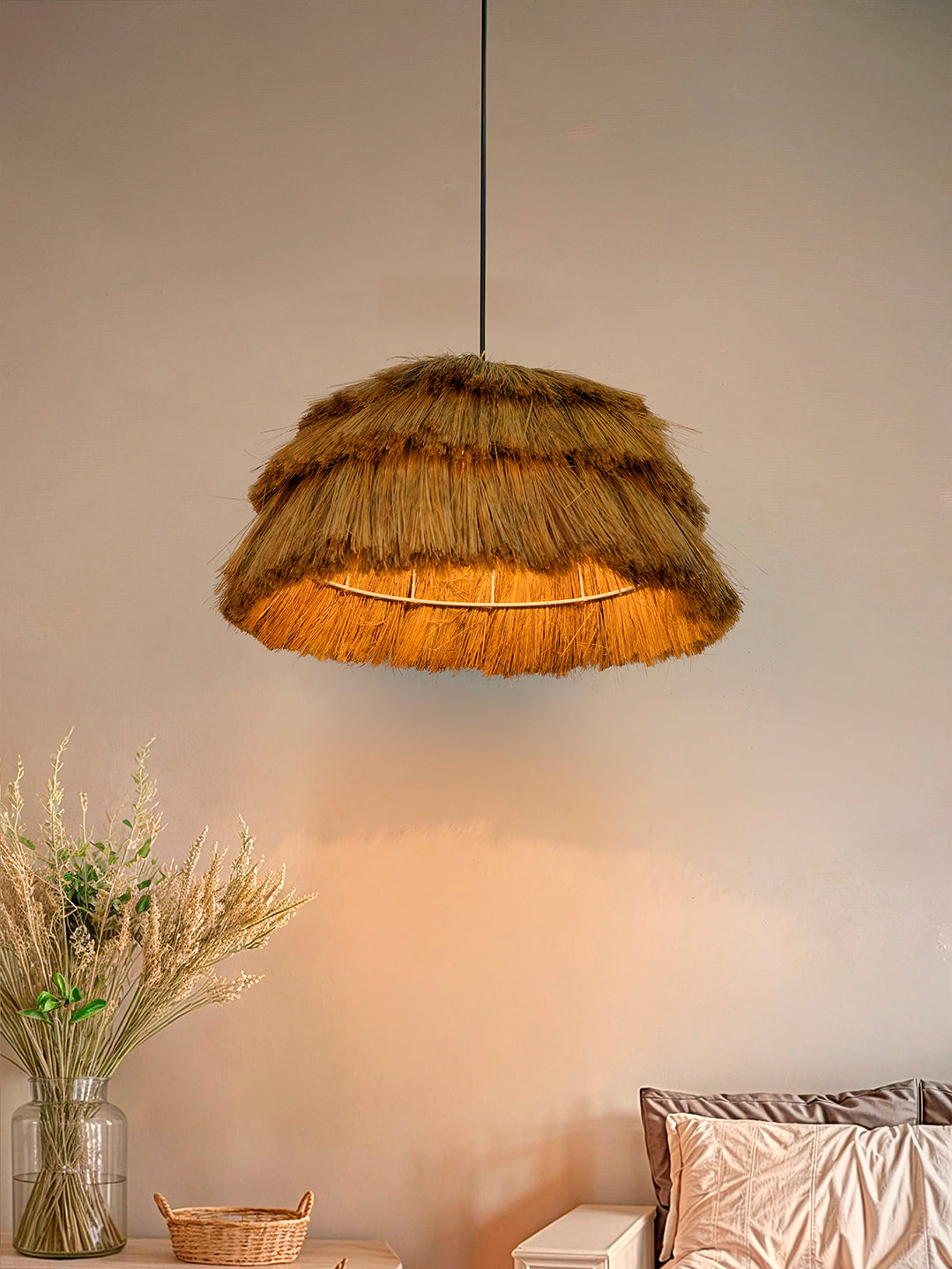 Bohemian Glow: Fringed Munja Hay Pendant Light Adds Rustic Charm & Modern Flair