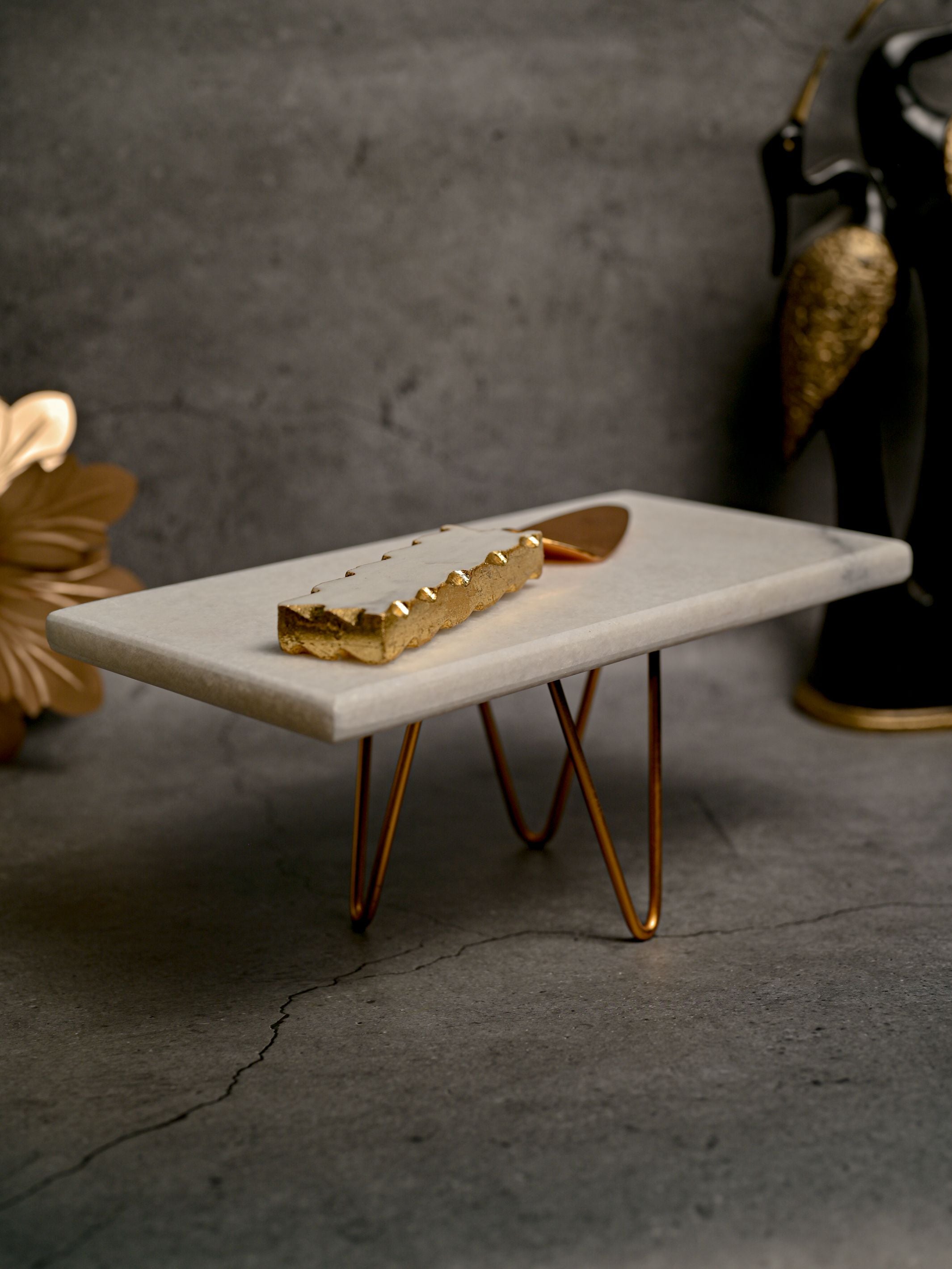 Marble Cake Stand Rectanguler with Metal Stand