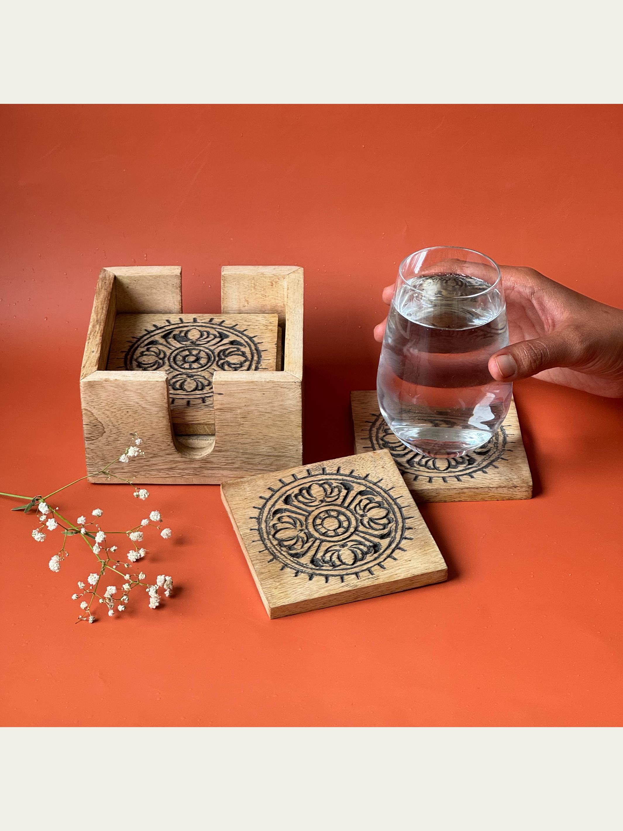 Carved Wood Coaster Set Black