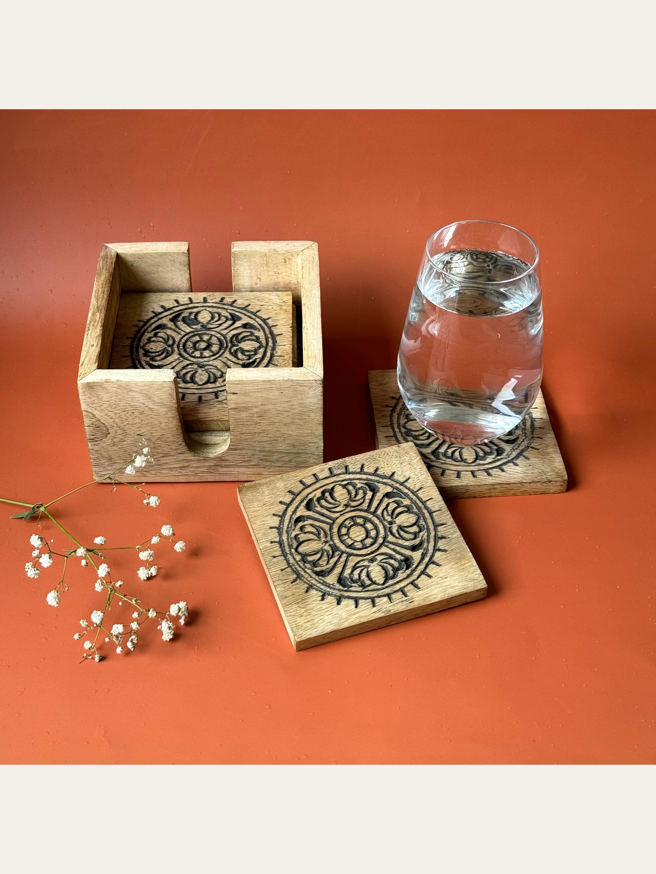 Carved Wood Coaster Set Black