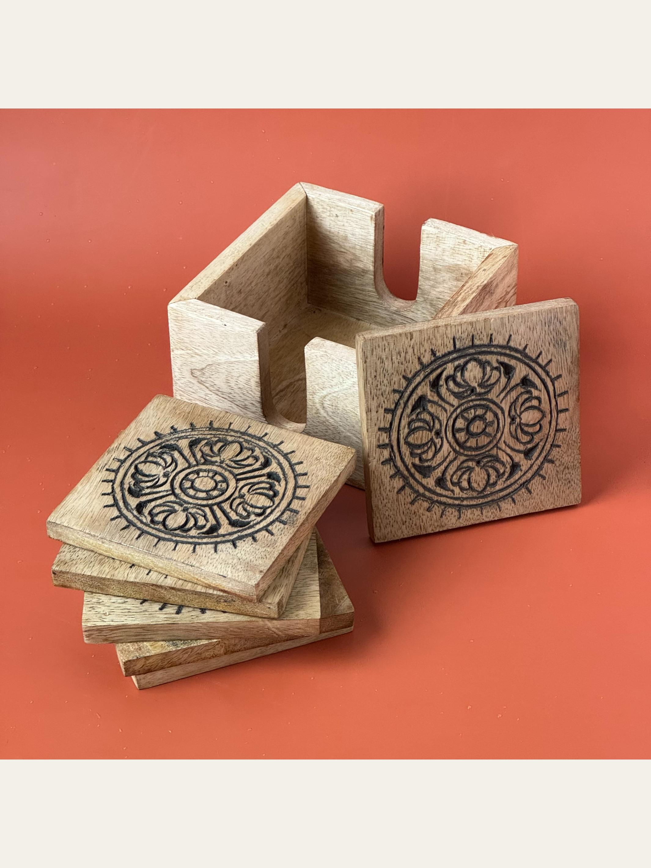 Carved Wood Coaster Set Black