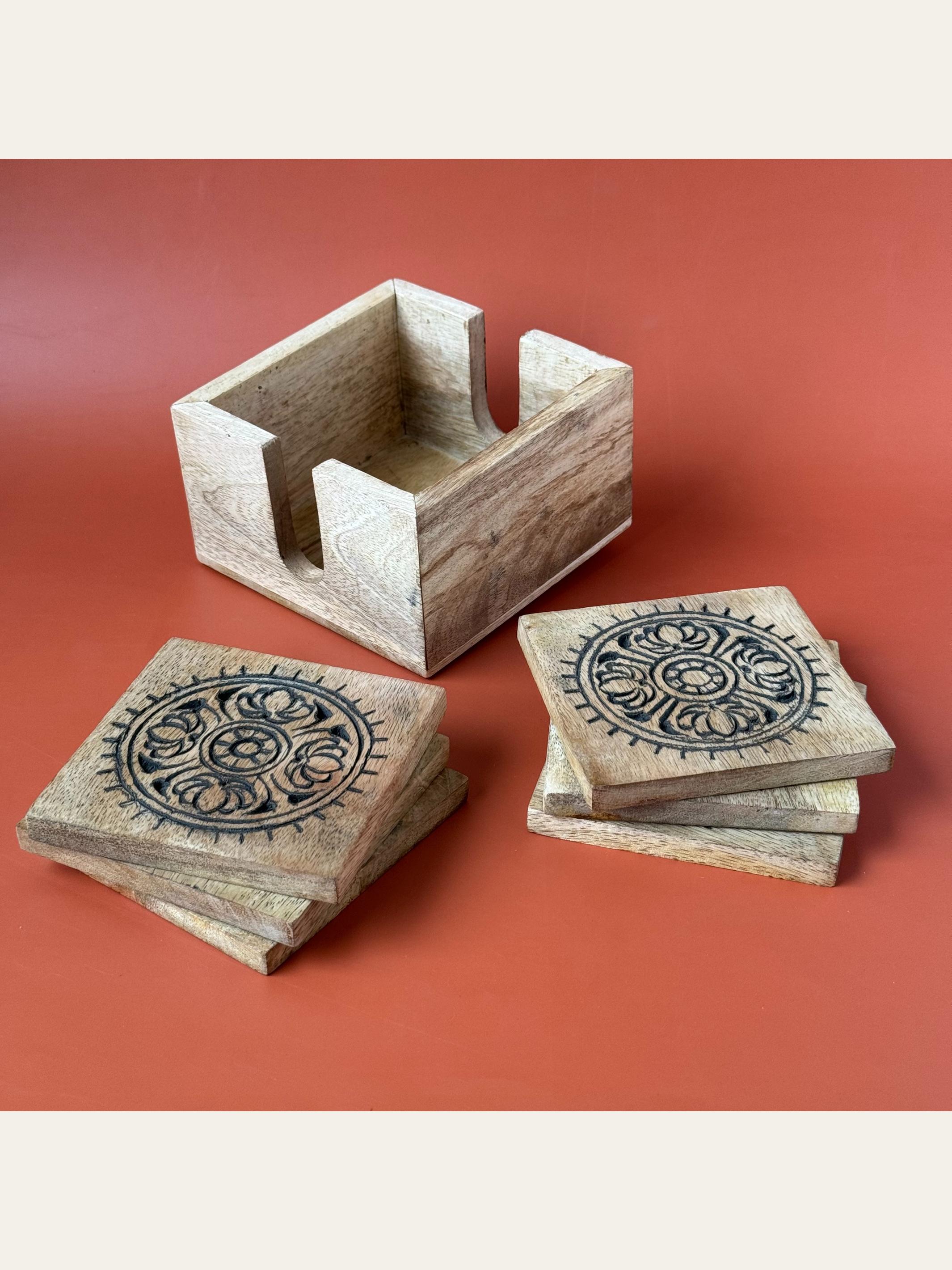 Carved Wood Coaster Set Black