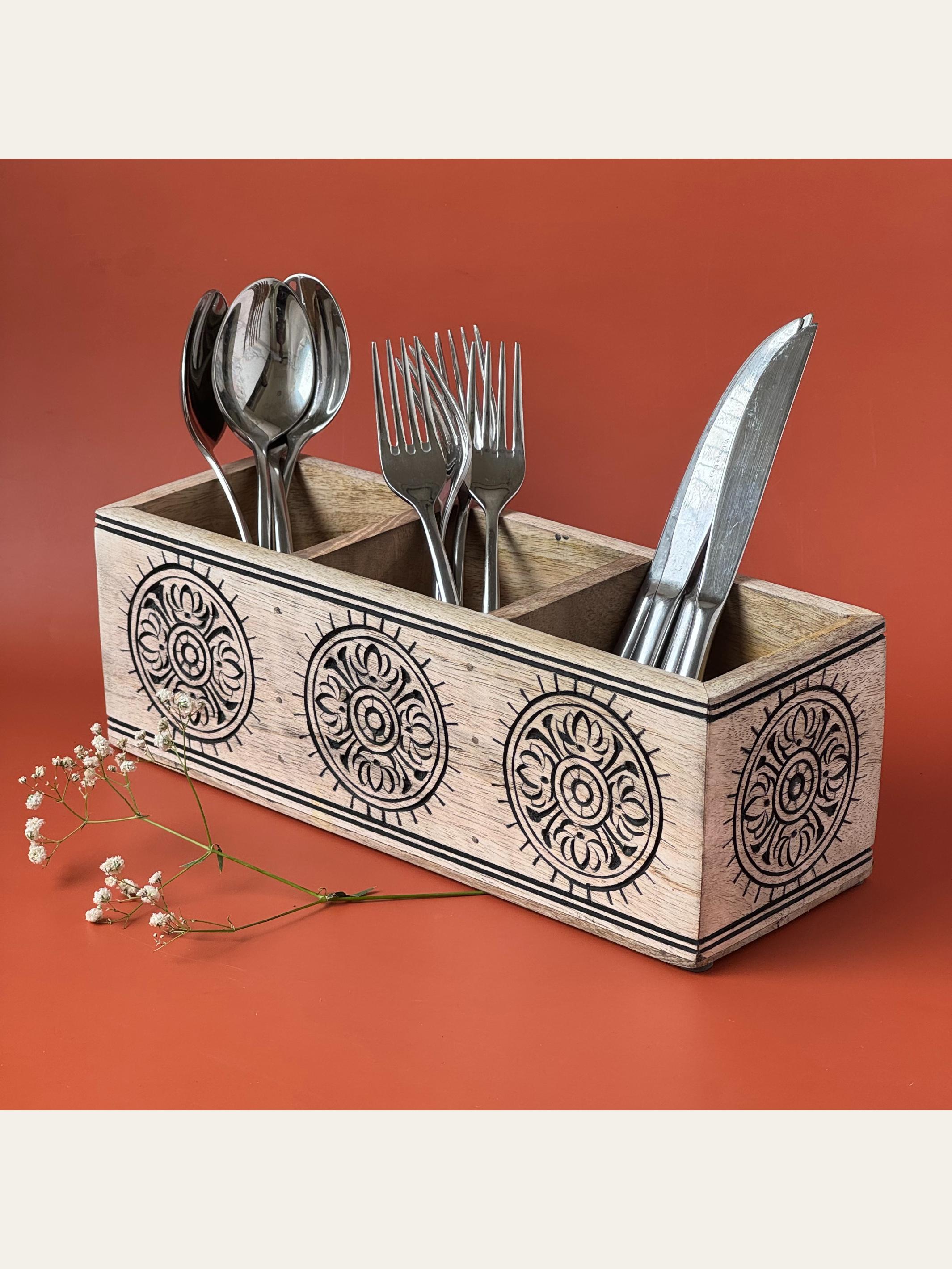 Carved Wood Cutlery Holder Black