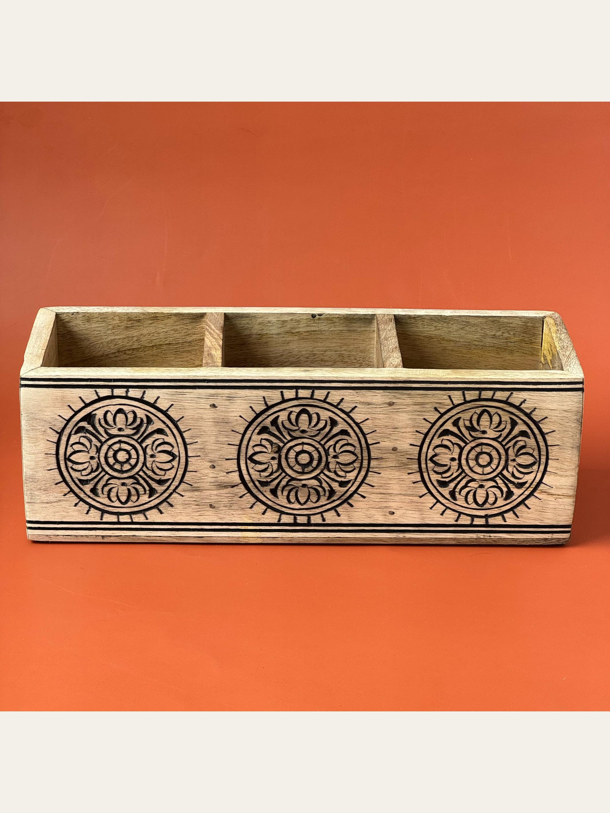 Carved Wood Cutlery Holder Black