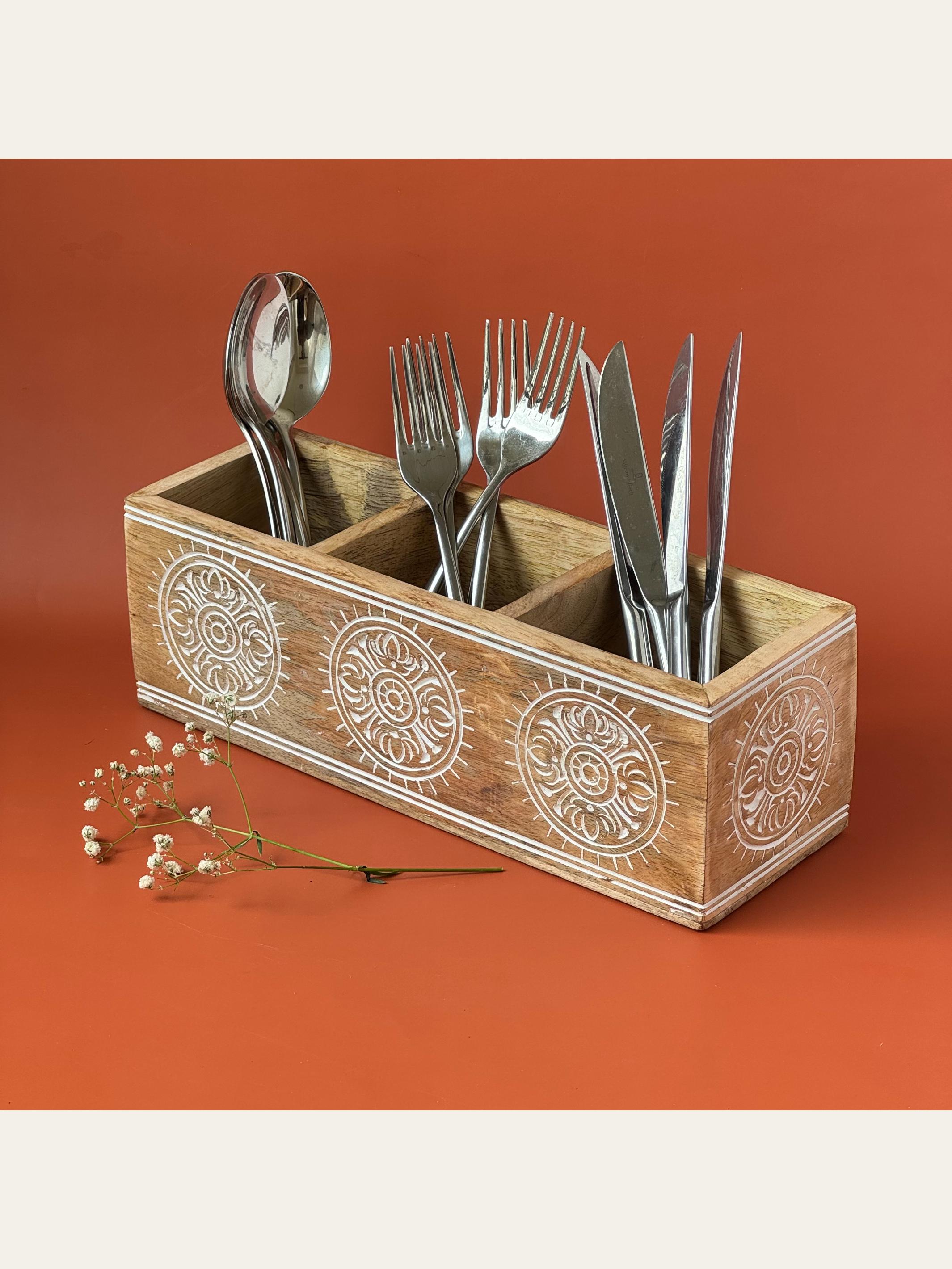 Carved Wood Cutlery Holder White