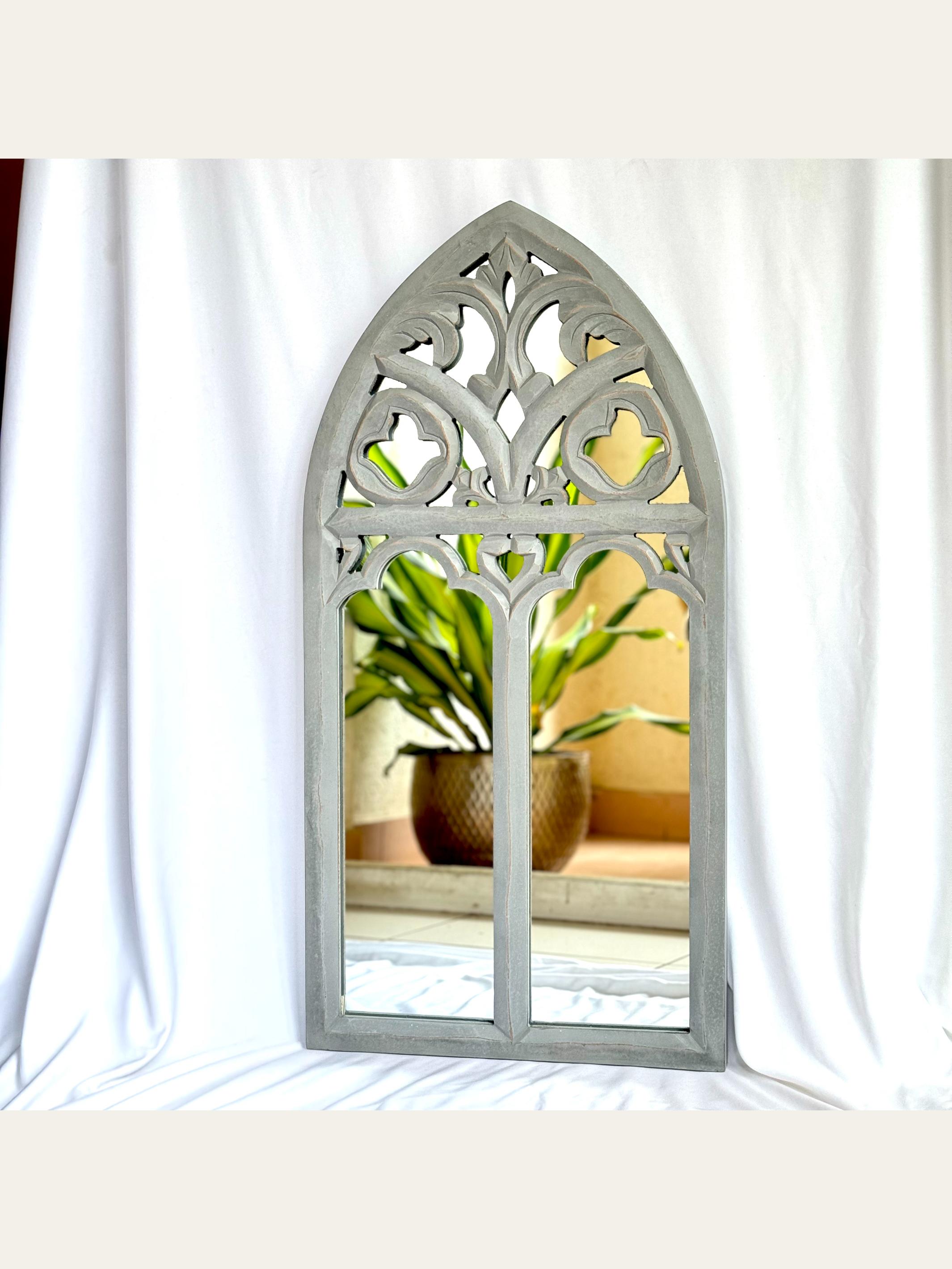 Carved Wooden Arch Wall Mirror Grey
