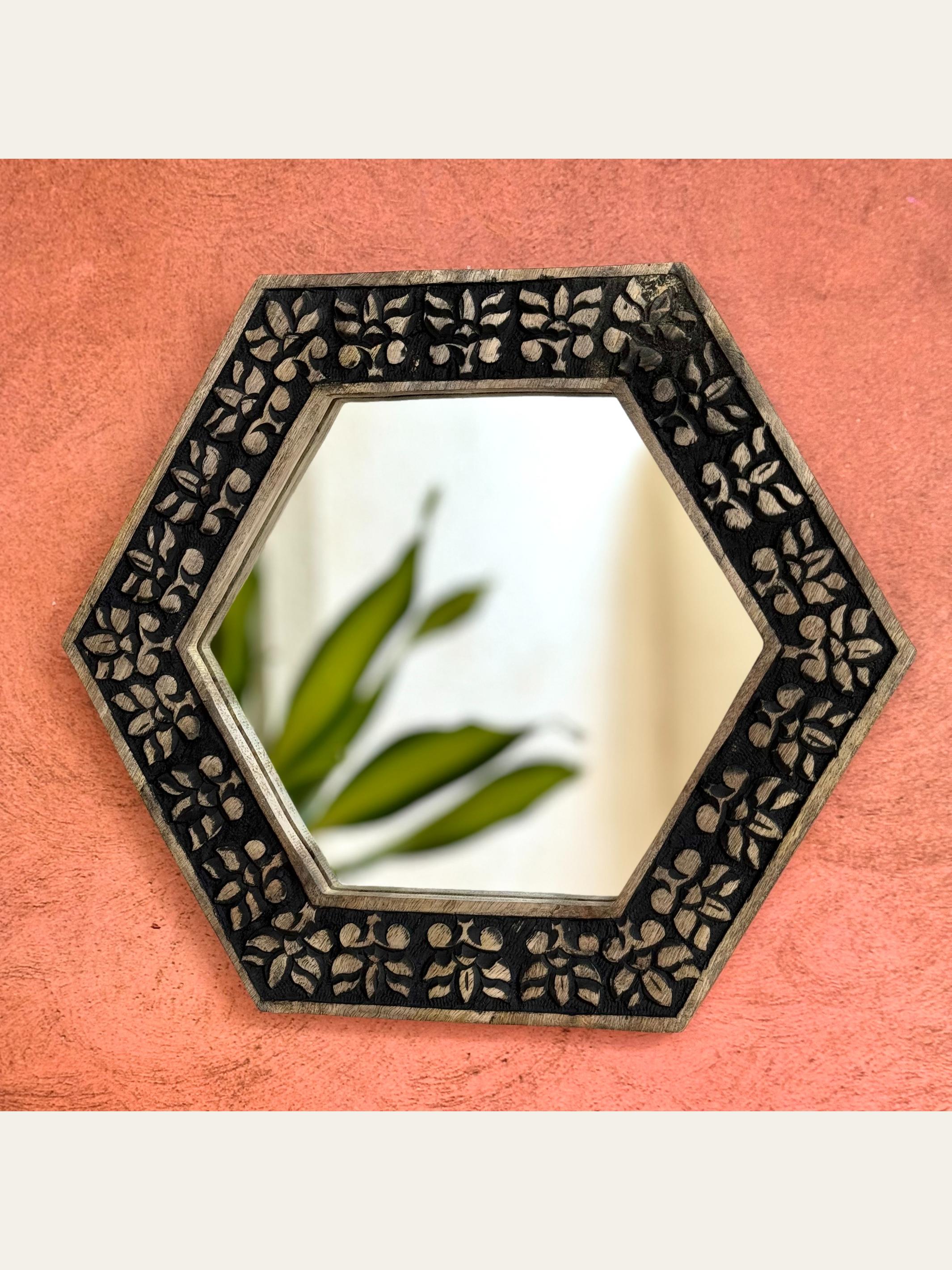 Carved Wooden Hexagon Wall Mirror Black
