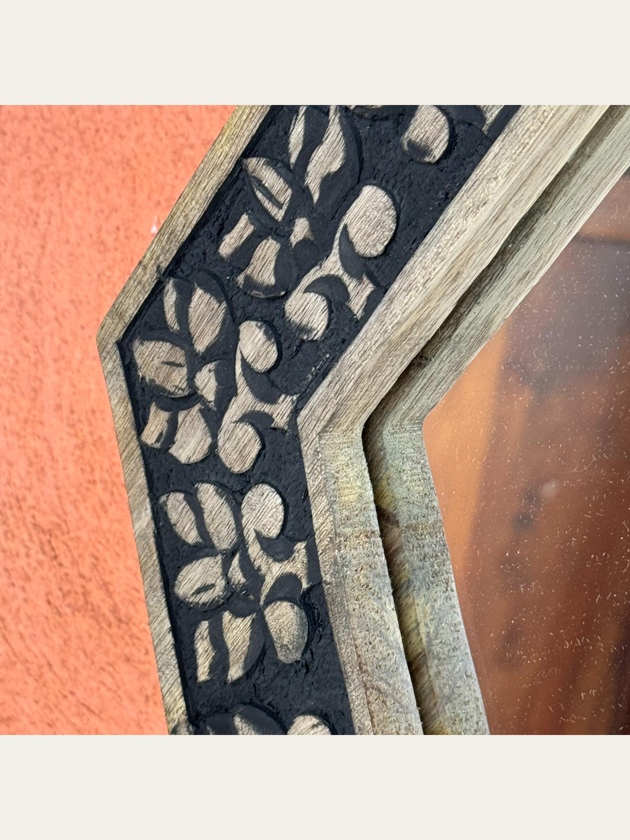 Carved Wooden Hexagon Wall Mirror Black